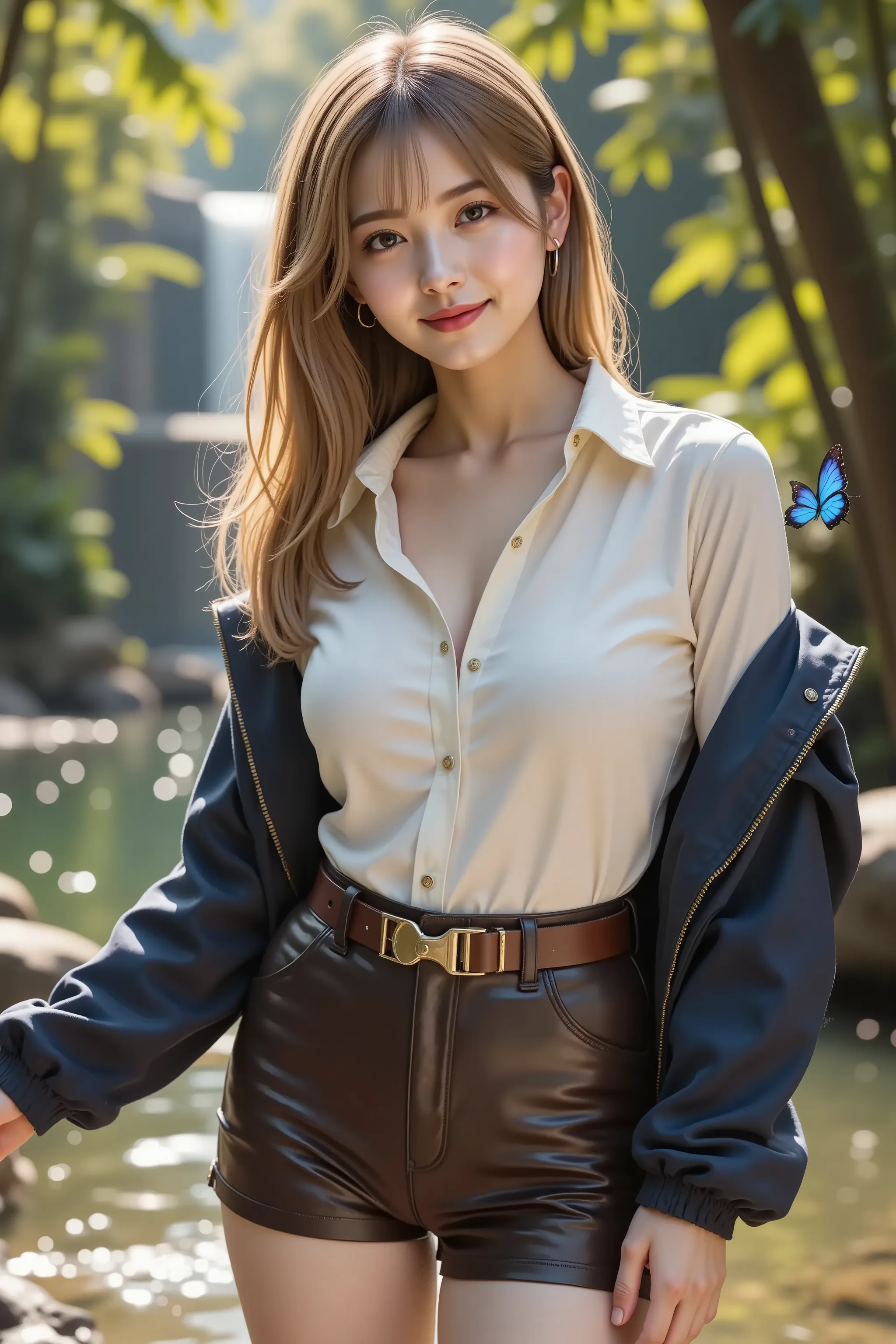 smile, hair styled in aplatinum blonde, gold hair,A photorealistic digital painting of a slender young woman with smooth fair skin and voluptuous firm breasts emphasized by a wide deep cleavage beneath a crisp white button-up explorer’s shirt with fine pop...