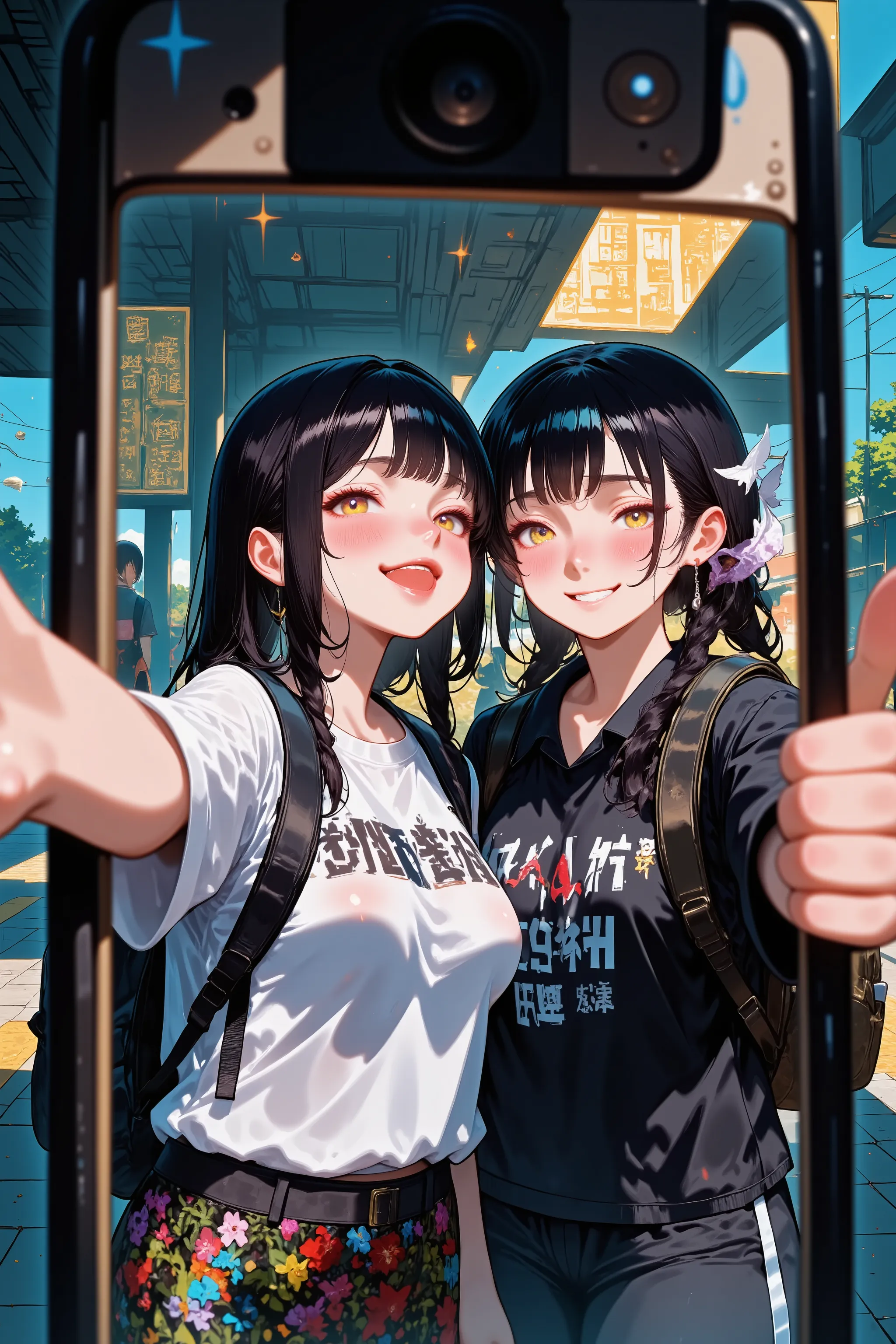 A selfie-style image from the perspective of a smartphone camera. Two young female travelers are smiling naturally into the lens, standing close together in front of a station sign with fictional characters. The angle is slightly tilted, as if they are hol...