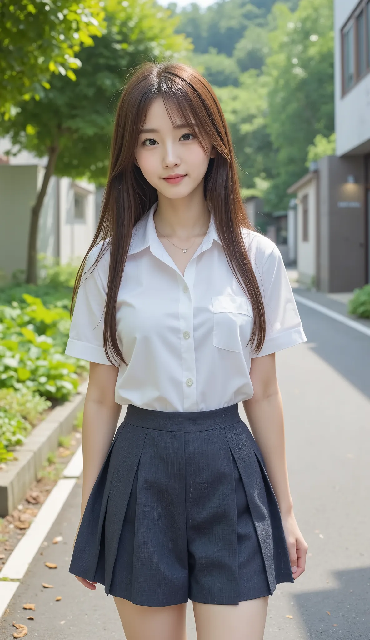 standing in the school yard 、Thin fingers、Japanese high school students、uniform、miniskirt、cute face、 long hairstyle due to things、is smiling、we see our white underwear、full body image