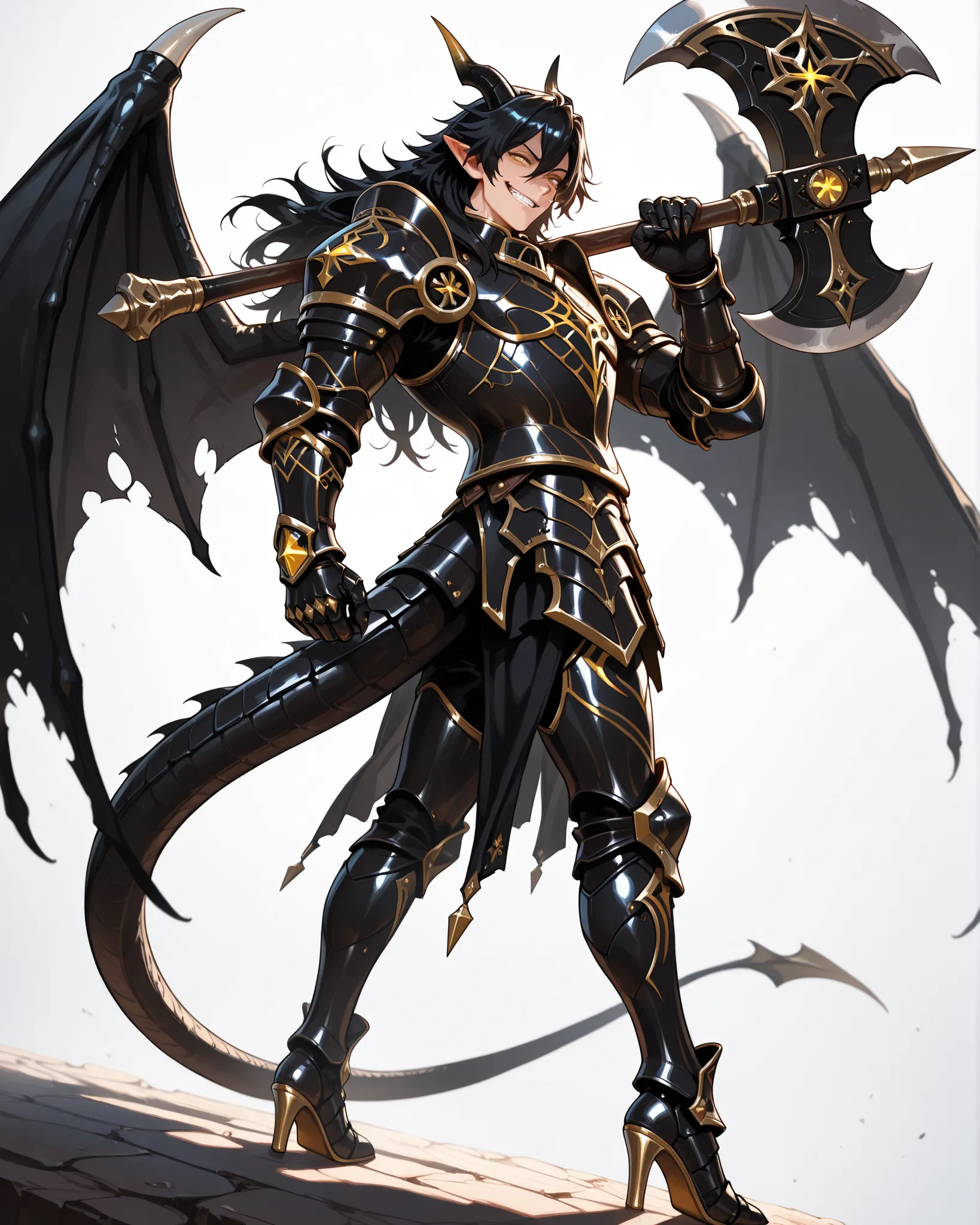 score_9, absurdres, (masterpiece, best quality: 1. 5), highres, 8K wallpaper, CG, (((Anime))), (1 male), solo, lean body, (bulging muscles, masculine), (floating in the air), weredragon, japanese anime style, glossy black, shiny black leather, ((beautiful ...