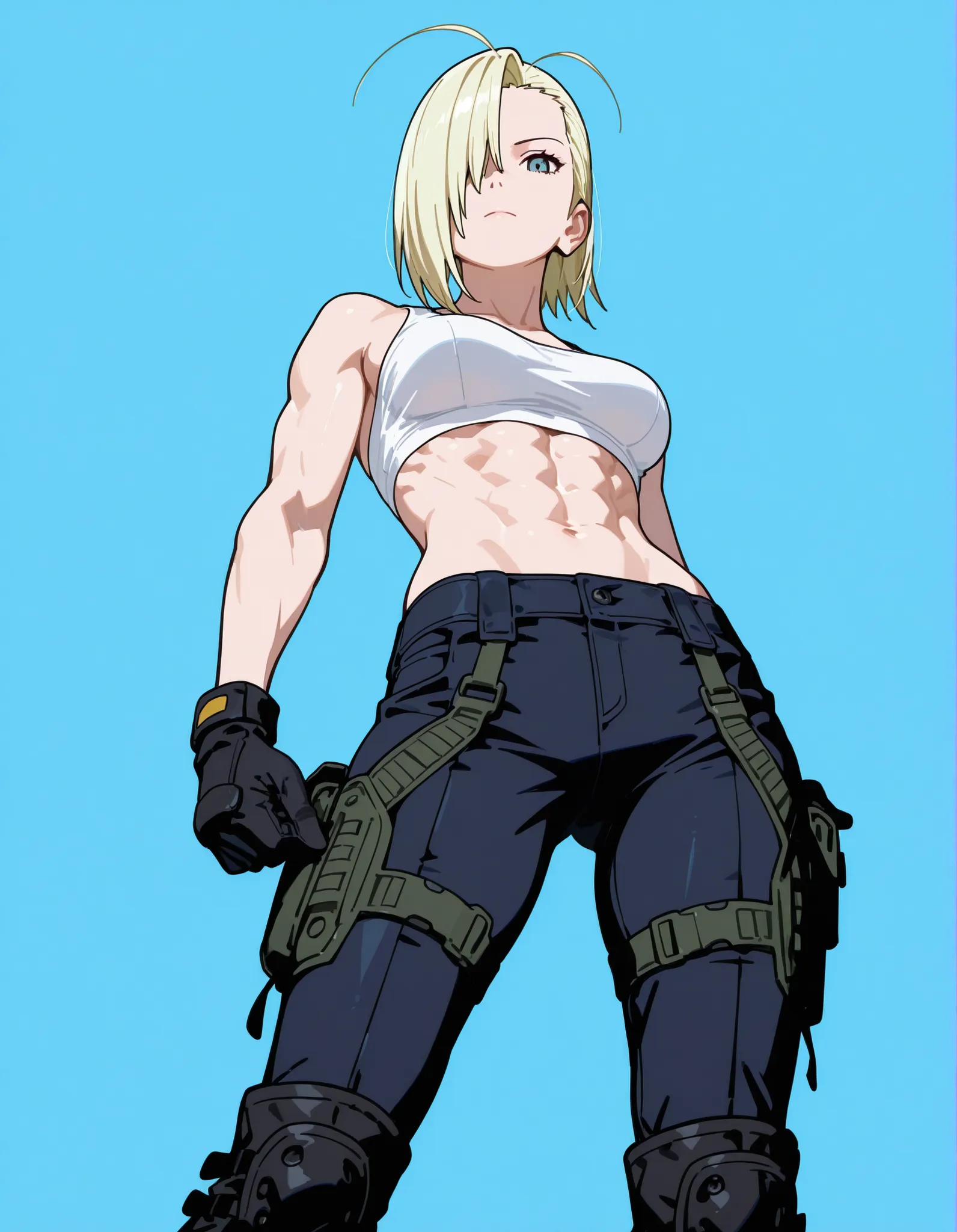 close-up of the face. Beautiful woman in her thirties, blonde hair, long thin face, blue eyes, narrow gaze, short hair, hair slicked back, emo bangs that fall over one eye (antenna bangs) (Yamanaka Ino bangs), tall and athletic woman, tight white top, blac...
