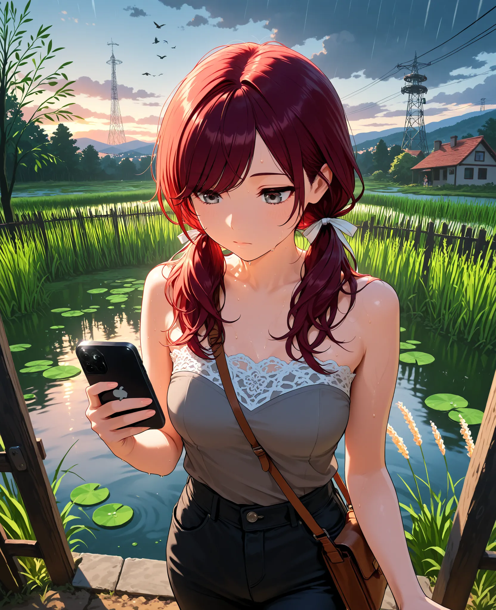 (masterpiece:1.2, Best Quality), (finely detailed beautiful eye: 1.2), (beautiful detailed face), sweat, from above, holding up iPhone, taking picture, walking, expressionless, weeds, looking down, colorful flowers, willow tree, long swept bangs, gray ey...