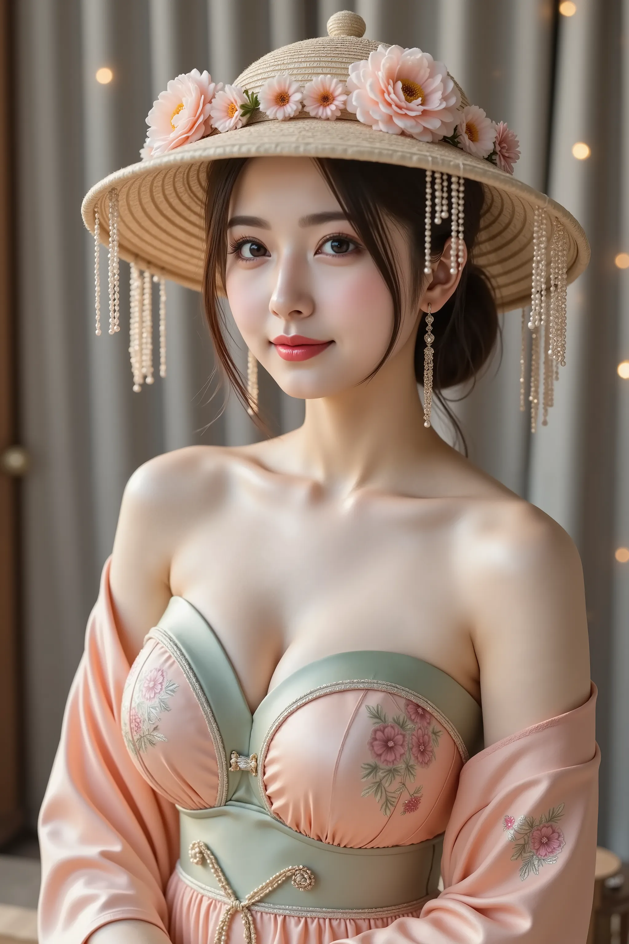 smile, hair styled in aplatinum blonde, gold hair,A photorealistic digital painting of a slender young woman with smooth fair skin and voluptuous firm breasts emphasized by a wide deep cleavage, each hair strand rendered with lifelike detail and soft stray...