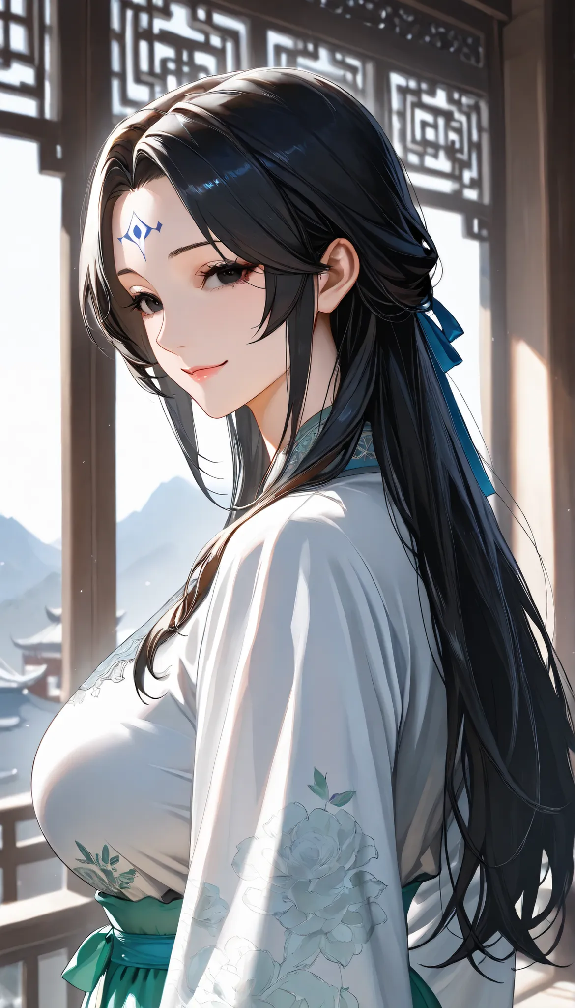 SOLO, A Female,Mature flavor, Perfect body,Huge Oppai,Chinese Black long hair,Black eyes,Blue Forehead tattoo, Wearing A Green and White Chinese Robe(Hanfu type), In the Chinese classical Garden,Open Pose,Light smile,UHD, anatomically correct, masterpiece,...