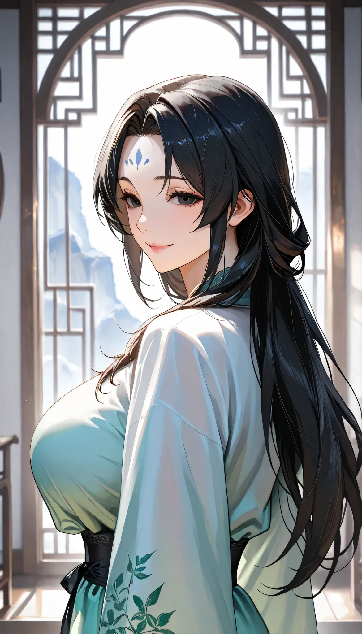 SOLO, A Female,Mature flavor, Perfect body,Huge Oppai,Chinese Black long hair,Black eyes,Blue Forehead tattoo, Wearing A Green and White Chinese Robe(Hanfu type), In the Chinese classical Garden,Open Pose,Light smile,UHD, anatomically correct, masterpiece,...