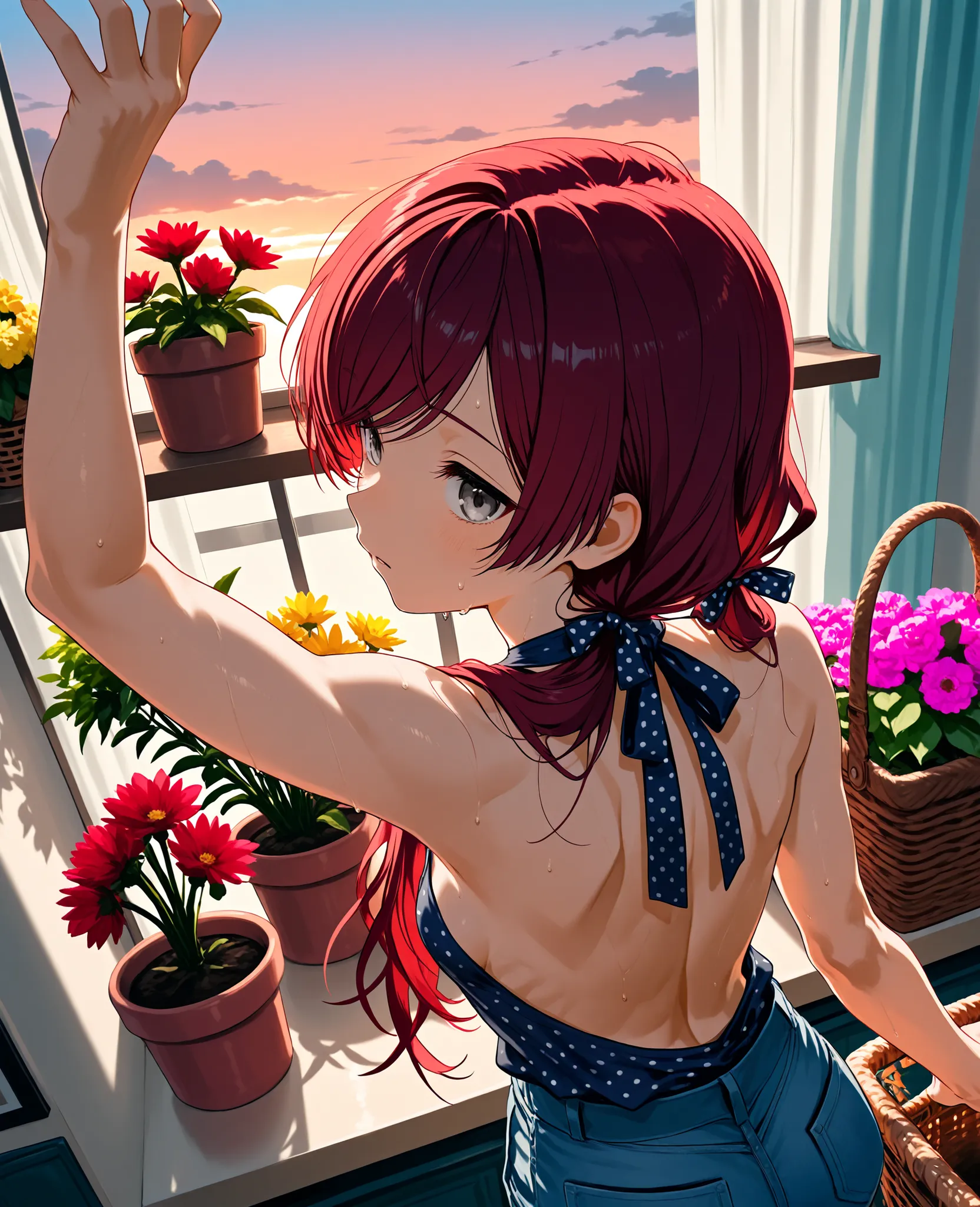 score_9, score_8_up, score_7_up, back view, from above, sweat, reaching up to set potted flowers on shelf, arm up, leaning, long low twin tails, gray eyes, dark red hair, long swept bangs, thin, close up, small breasts, toned arms, basket, flowers, backle...