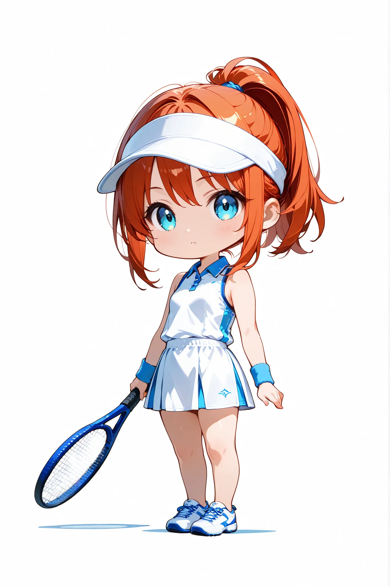 chibi style, full body in frame, flat bust, girl, ponytail, tennis outfit, preparing serve with focused eyes, transparent background