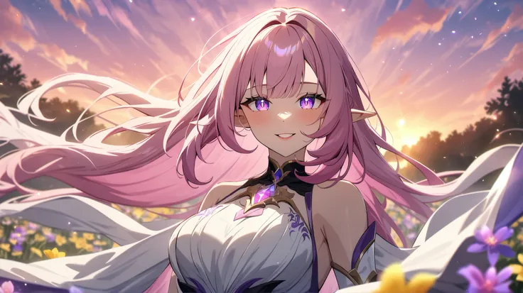 ,very aesthetic, newest, 1girl, elysia, sparkling purple eyes, pink slit pupils, pointed ears, field with gorgeous pink and purple and yellow wildflowers, sunrise, all-white clothes, extra long warm vivid pink hair, volumetric light, iridescent light, glow...