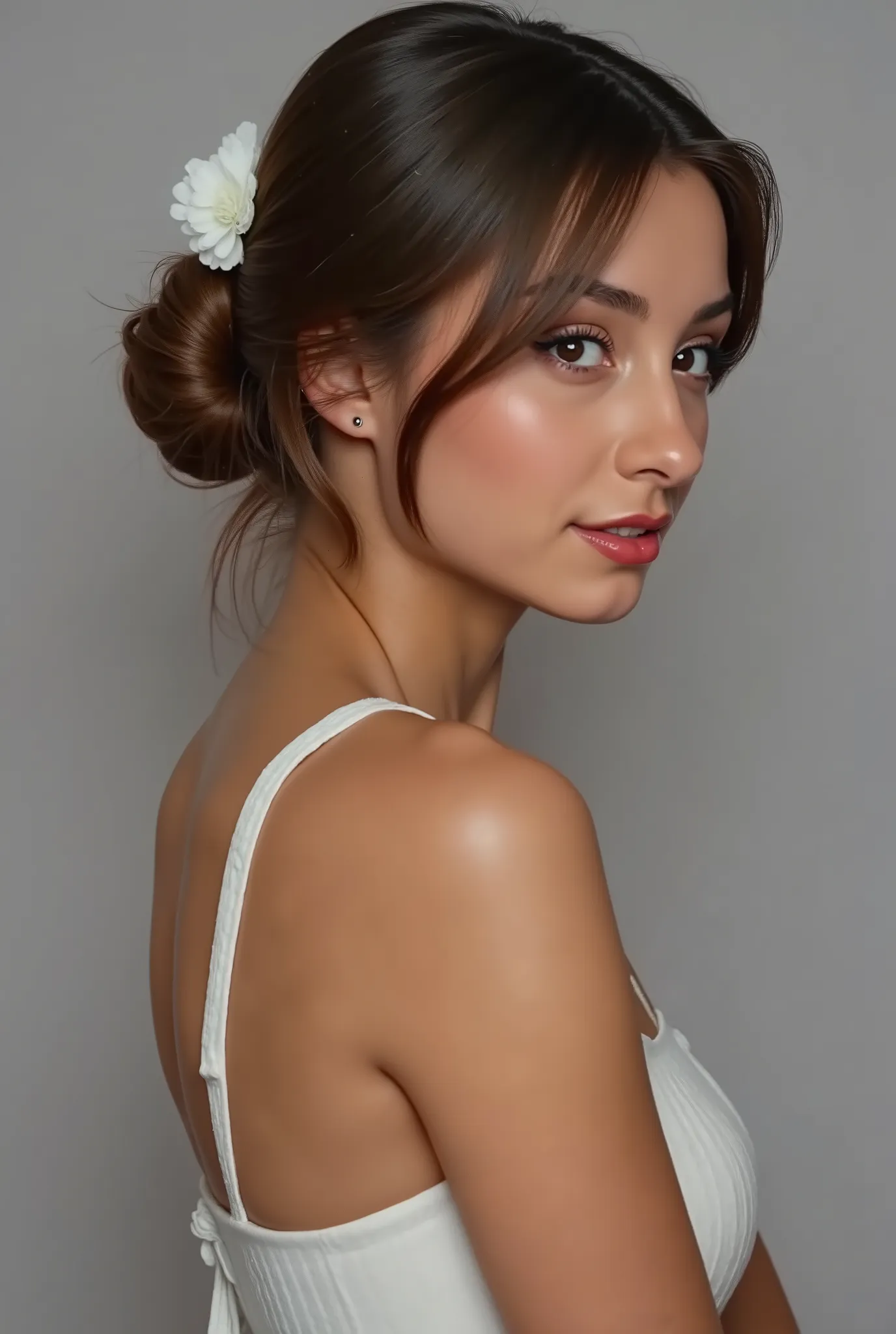18 years, girl took a photo with his face in profile, side face shot, no hands, flat grey background,
