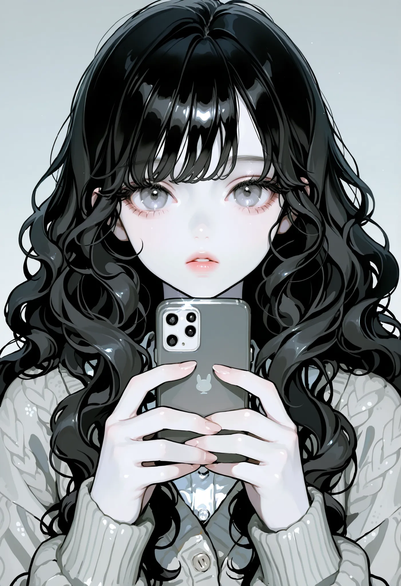 1girl, wavy hair, long hair, black hair, Bangs, milky skin, pale gray eyes, beautiful lips, delicate, knit cardigan, hold a cellphone, cute, detailed face, sunshine, 8K, high quality, ((face close up))
