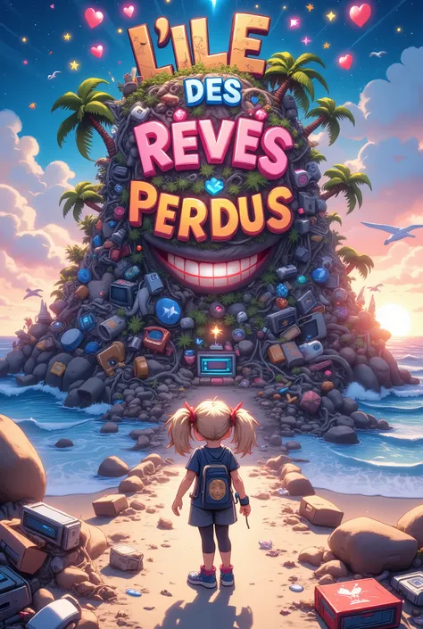 A whimsical, vibrant illustration featuring the title : “L'ILE des REVES PERDUS” made in recycled waste, garbage damaged letters in a grunge, gross, cartoon font, this title on top of a nasty polluted island hill made of trash like a smiling welcoming frie...