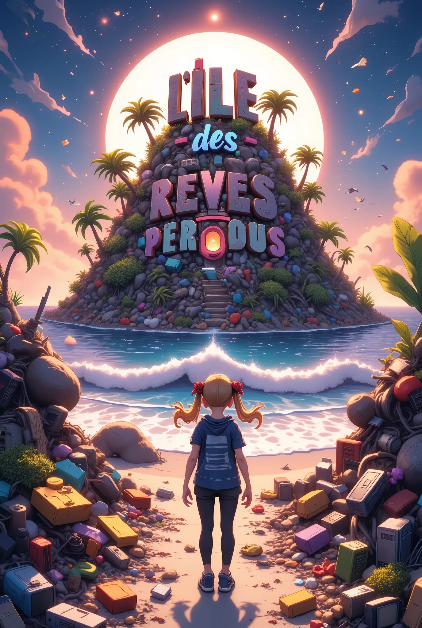 A whimsical, vibrant illustration featuring the title : “L'ILE des REVES PERDUS” made in recycled waste, garbage damaged letters in a grunge, gross, cartoon font, this title on top of a nasty polluted island hill made of trash like a smiling welcoming frie...