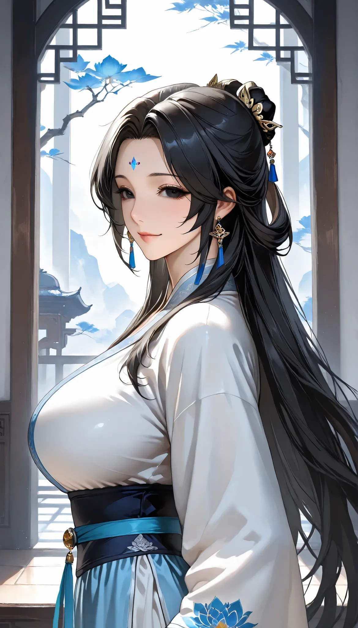 SOLO, A Female,Mature flavor,Slim body,Slim waist,Huge Oppai,Chinese Black long hair,Black eyes,Blue Forehead tattoo, Wearing A White Chinese Robe With blue lotus(Hanfu type), In the Chinese classical Garden,Open Pose,Light smile,UHD, anatomically correct,...