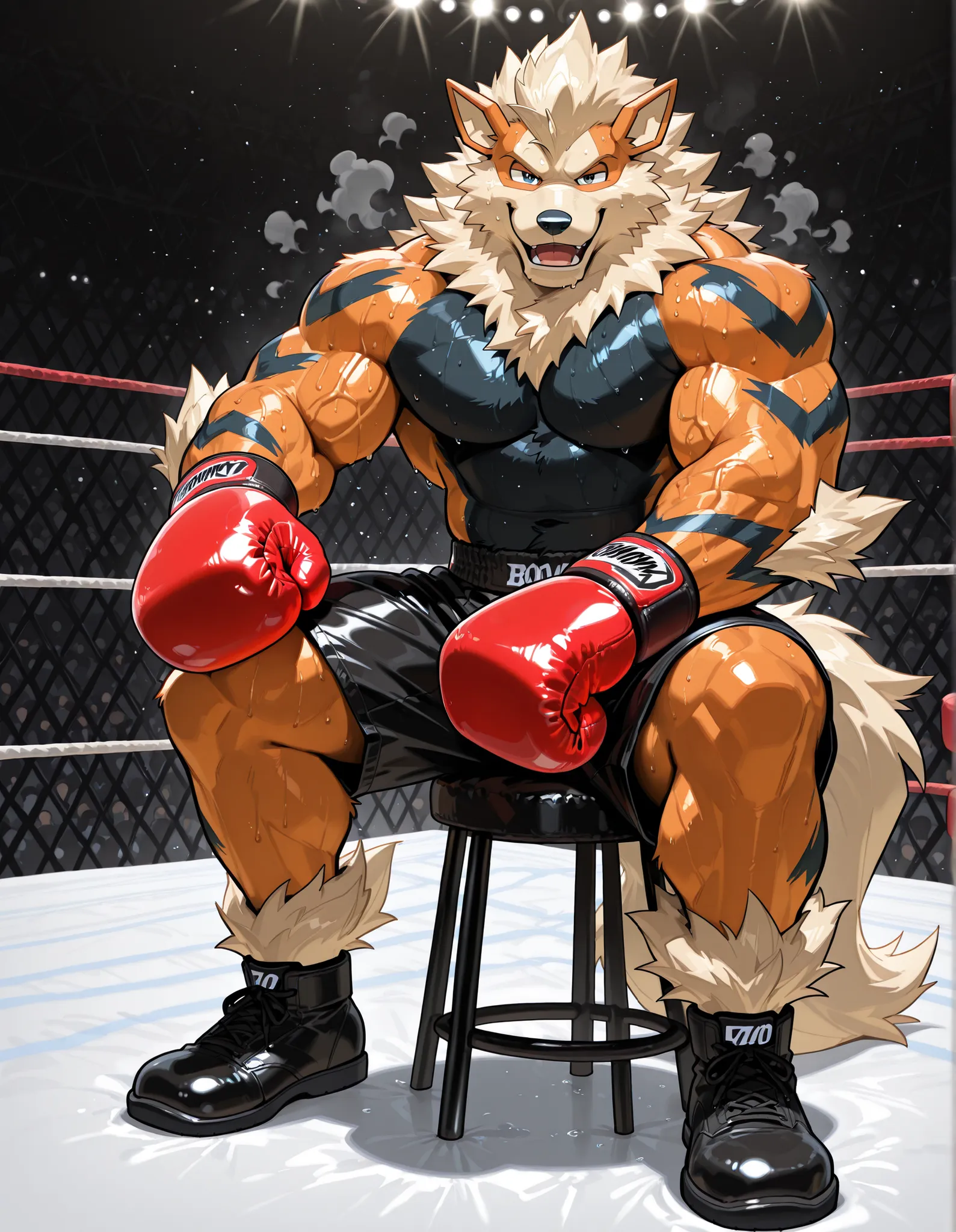 Arcanine, anthro male, high quality, full body, looking at viewer, solo, fighting ring background, red boxing gloves, feet, thick veiny arms, heavywait muscular, black boxing shorts, black boxing shoes, heavywait boxing champion, glistening fur, sweaty, op...