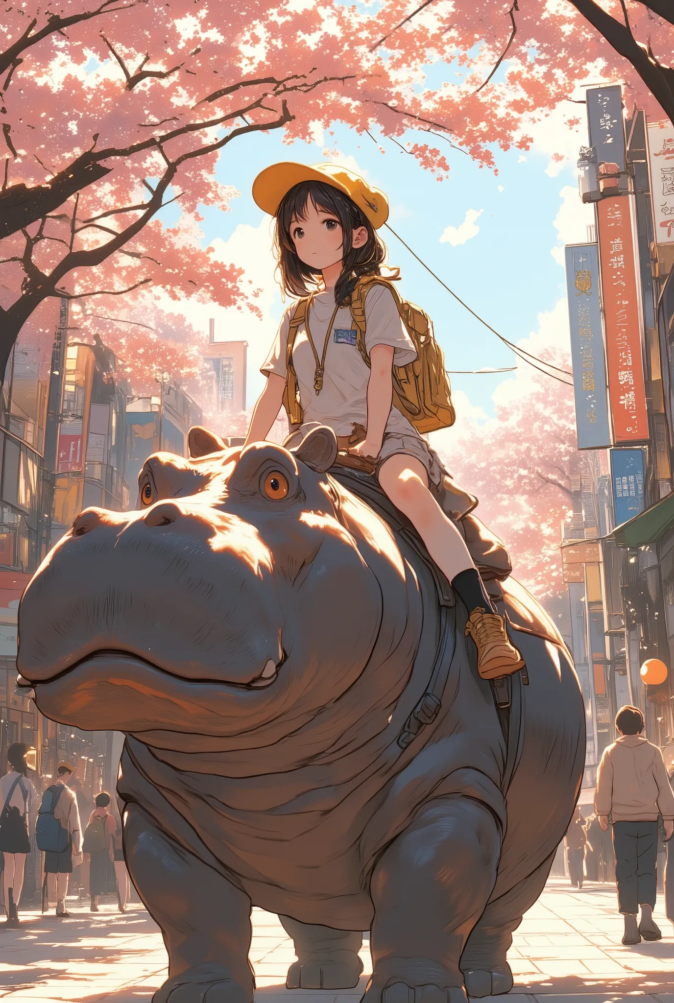 a charming portrait-mode photo of a young schoolgirl riding a large hippopotamus through a cherry blossom-lined city street, the girl wears a yellow school hat and backpack, looking forward calmly, the background of the city and pedestrians is softly blurr...