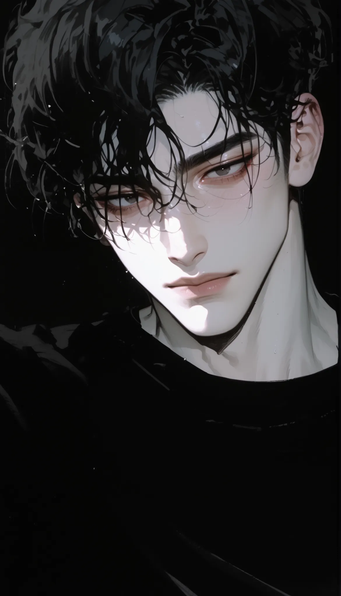 close up, black shirt, night city background, handsome, handsome man, 1male, handsome, black eyes, manhwa, black hair, korean man