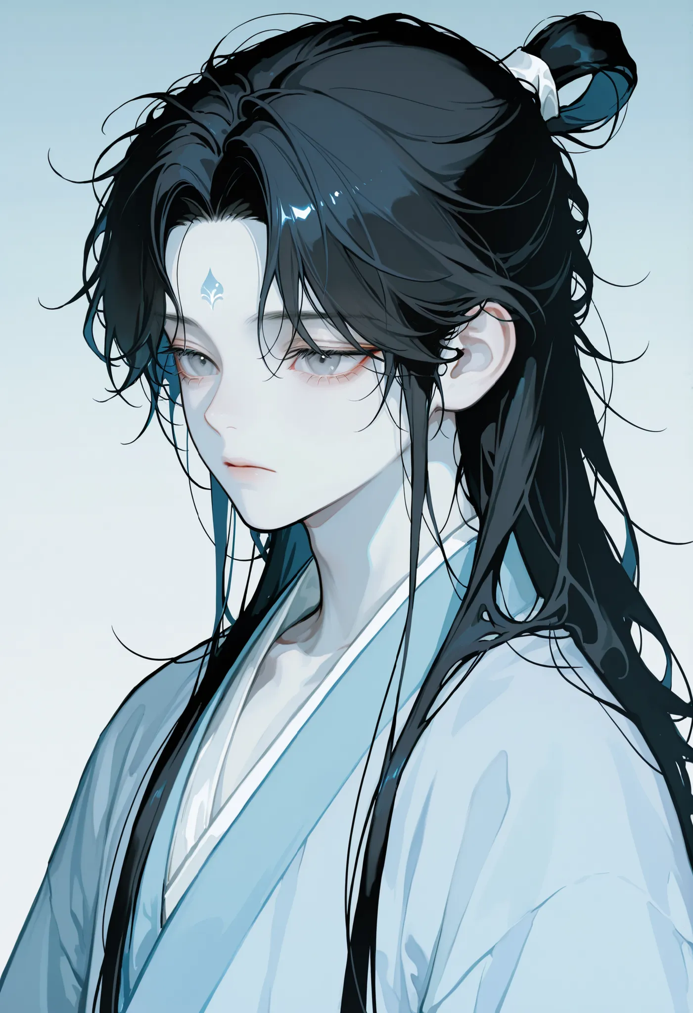 1 boy, youth, cute, milky skin, long hair, messy hair, down ponytail hair, black hair, curtained bangs, forehead, round face, pale gray eyes, cold eyes, closed mouth, pale blue hanfu, male hanfu, ((young)), very handsome, side view, detailed close up, pale...