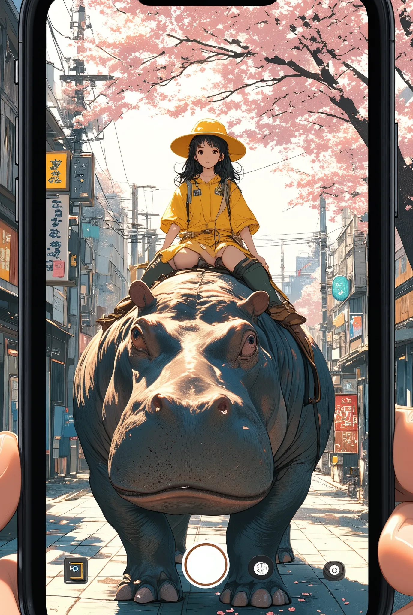 a surreal street scene showing a young girl in a yellow school hat riding a large hippopotamus under cherry blossom trees, captured through an iPhone screen interface, include iPhone camera UI elements such as shutter button, focus square, exposure slider,...