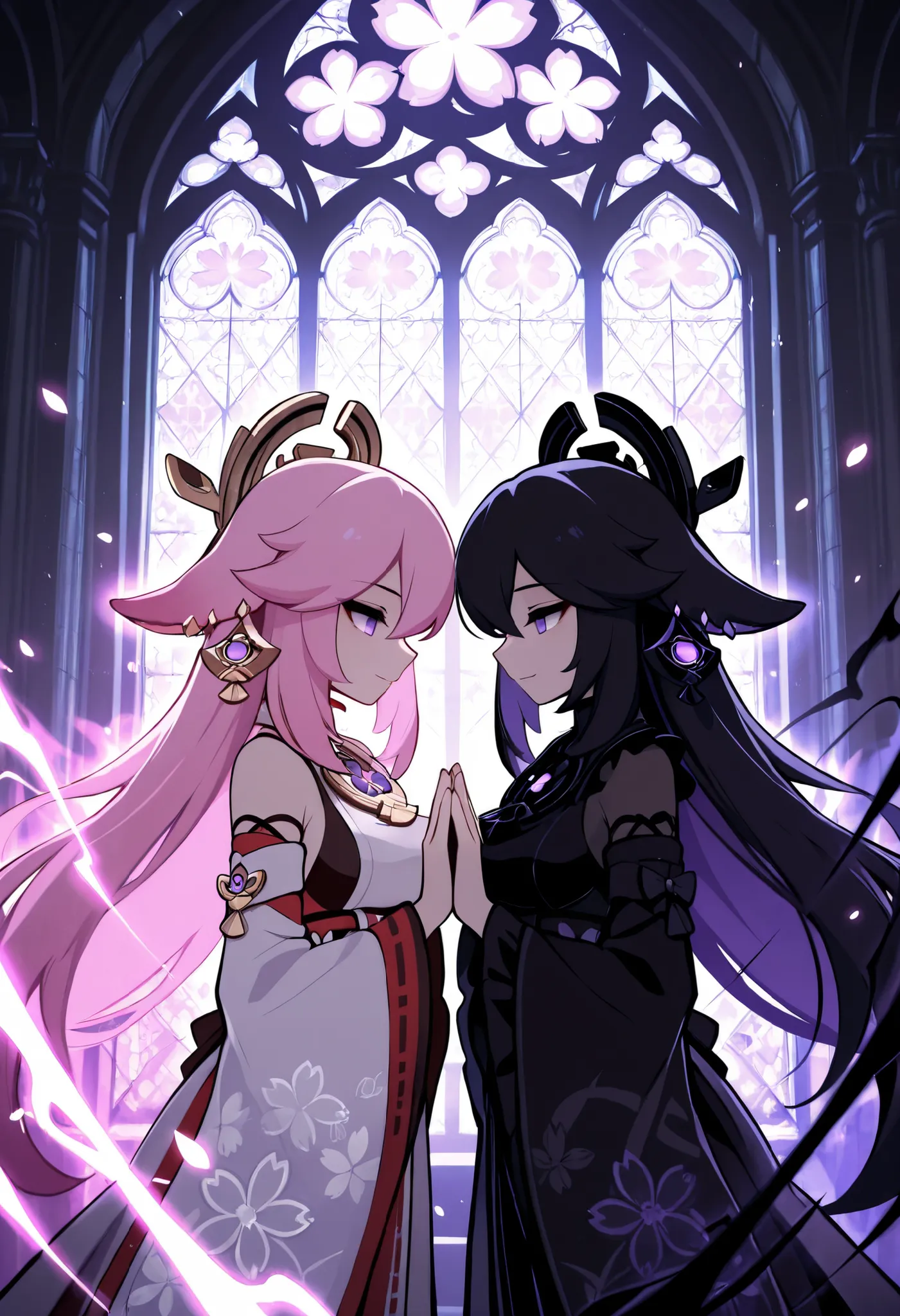 gwainsaga, Yae Miko from Genshin Impact in a stained glass window, hands gently joined in prayer, elegant and calm expression, dressed in her traditional shrine maiden outfit, surrounded by intricate Art Nouveau floral patterns, sakura petals and ethereal ...