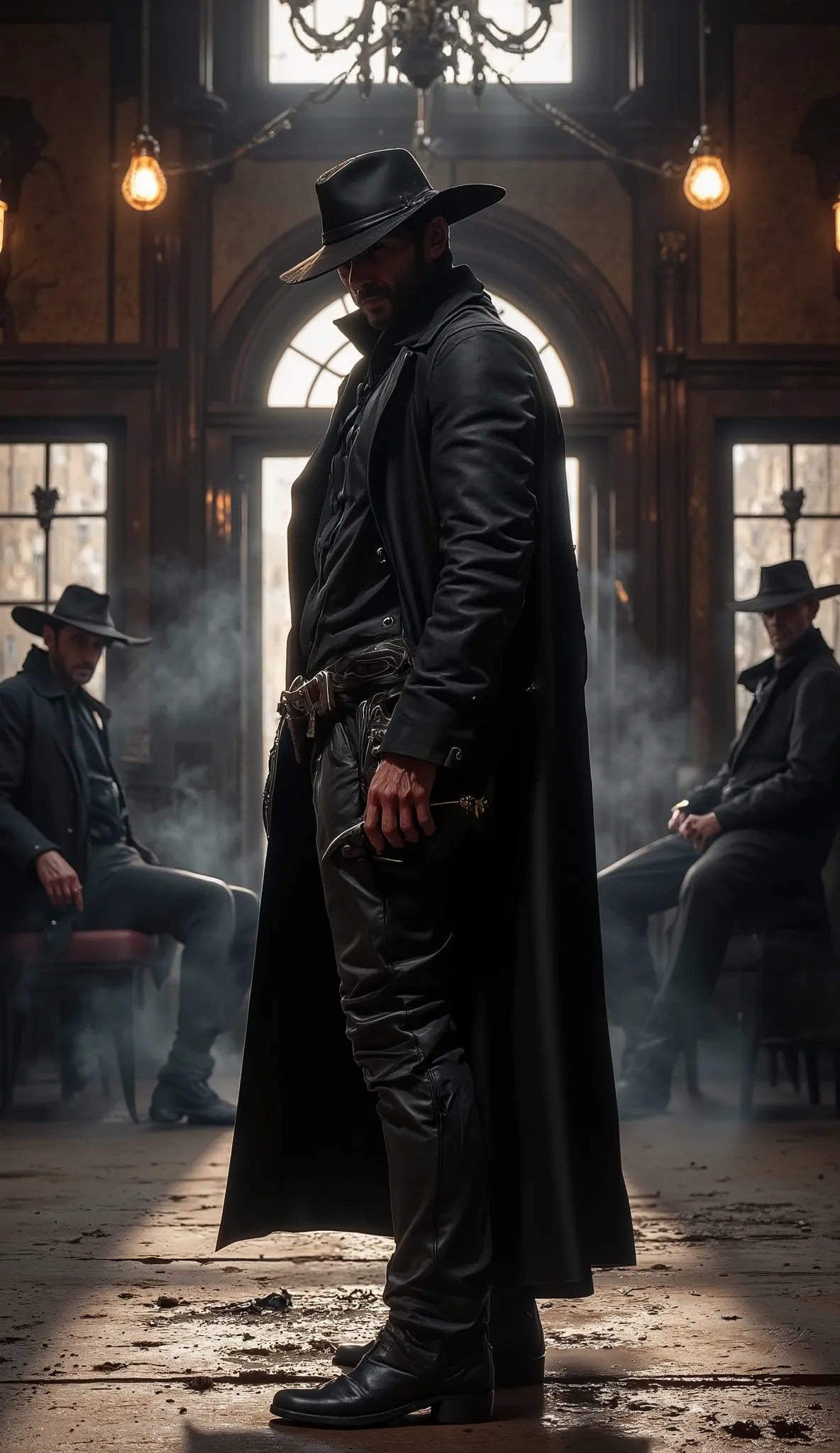 A hyperrealistic, cinematic ground-level shot of a gunslinger standing ominously inside the Brothel of the Lame Moon. He wears a long, dark leather overcoat, its edges worn and heavy with dust from the trail. His wide-brimmed cowboy hat is pulled low, cast...