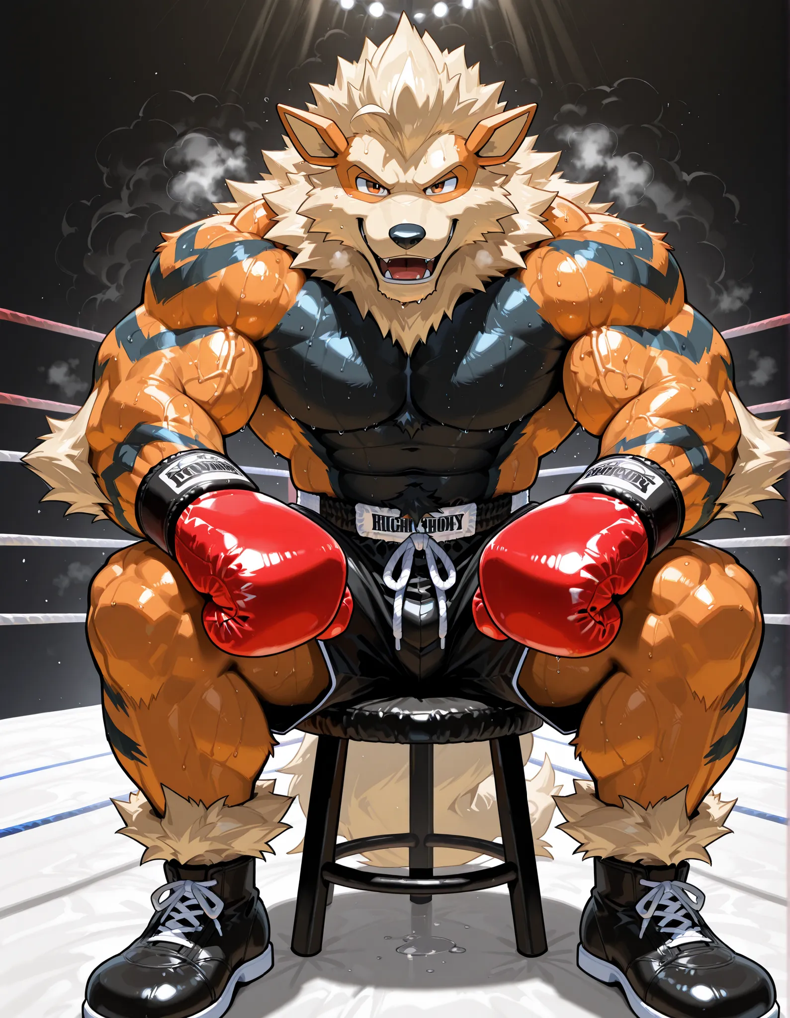 Arcanine, anthro male, high quality, full body, looking at viewer, solo, boxing ring background, red boxing gloves, thick very veiny arms, heavyweight muscular, black boxing shorts, black boxing shoes, heavyweight boxing champion, glistening fur, sweaty, o...