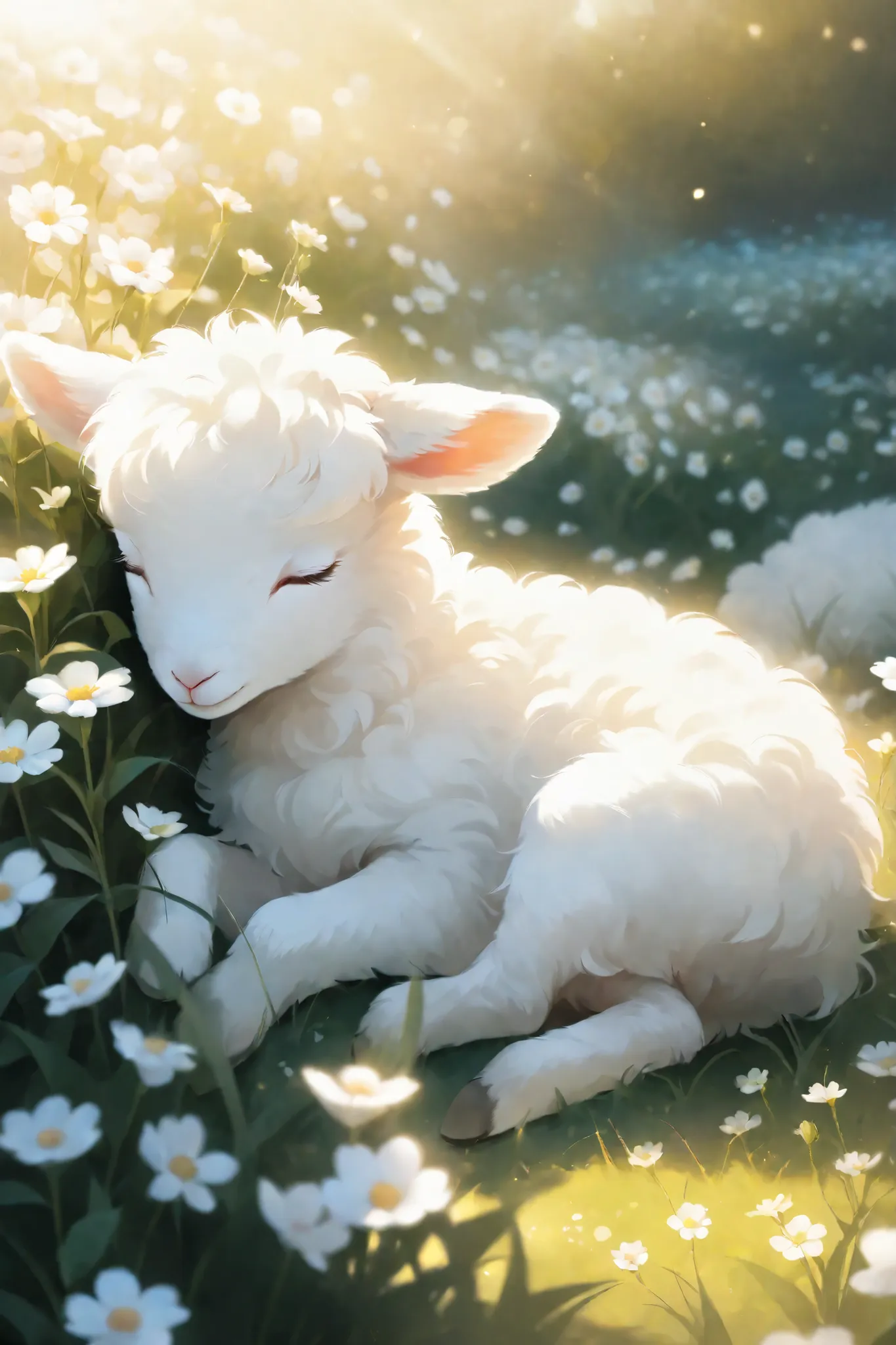 A fluffy white lamb, sleeping peacefully amidst a field of delicate white flowers, soft lighting, ethereal, dreamy,