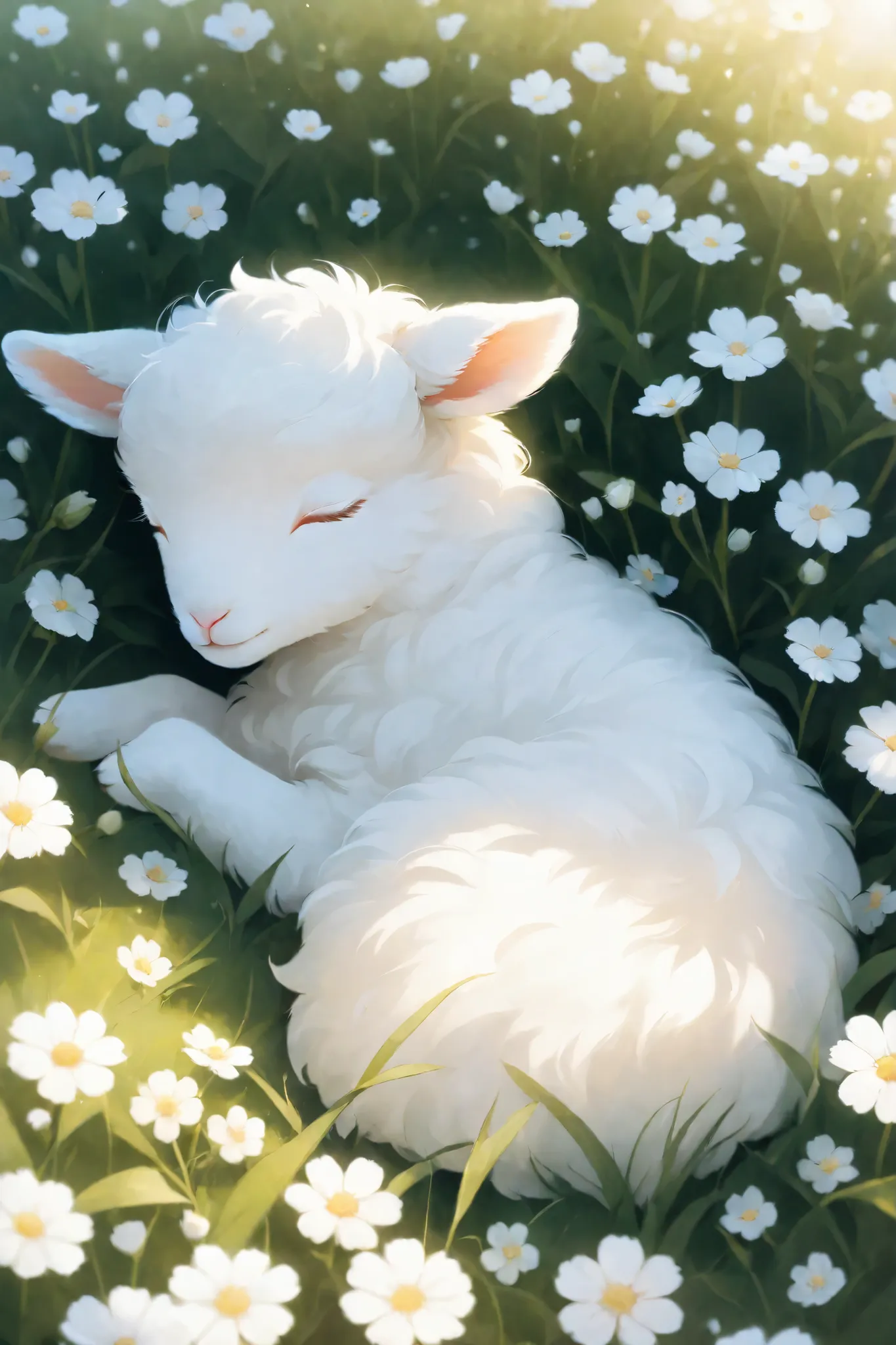 A fluffy white lamb, sleeping peacefully amidst a field of delicate white flowers, soft lighting, ethereal, dreamy,