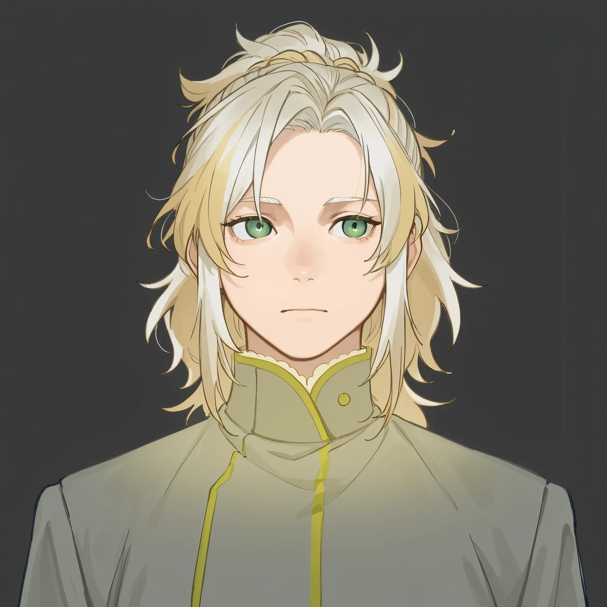 Homem,pele branca,long blond hair with white locks tied,green eyes with white pupil
Wearing a dress, a gray jacket with light yellow details.
Looking forward,neutro