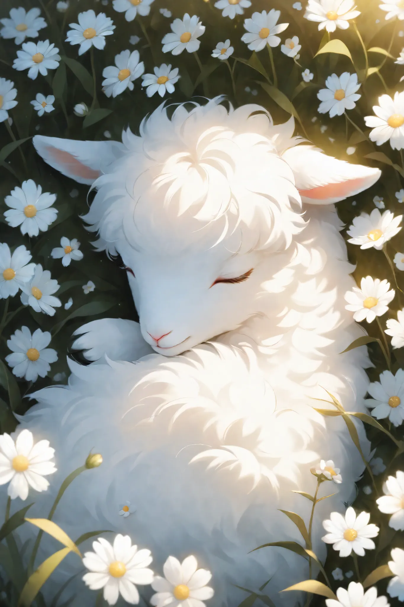 A fluffy white lamb, sleeping peacefully amidst a field of delicate white flowers, soft lighting, ethereal, dreamy,