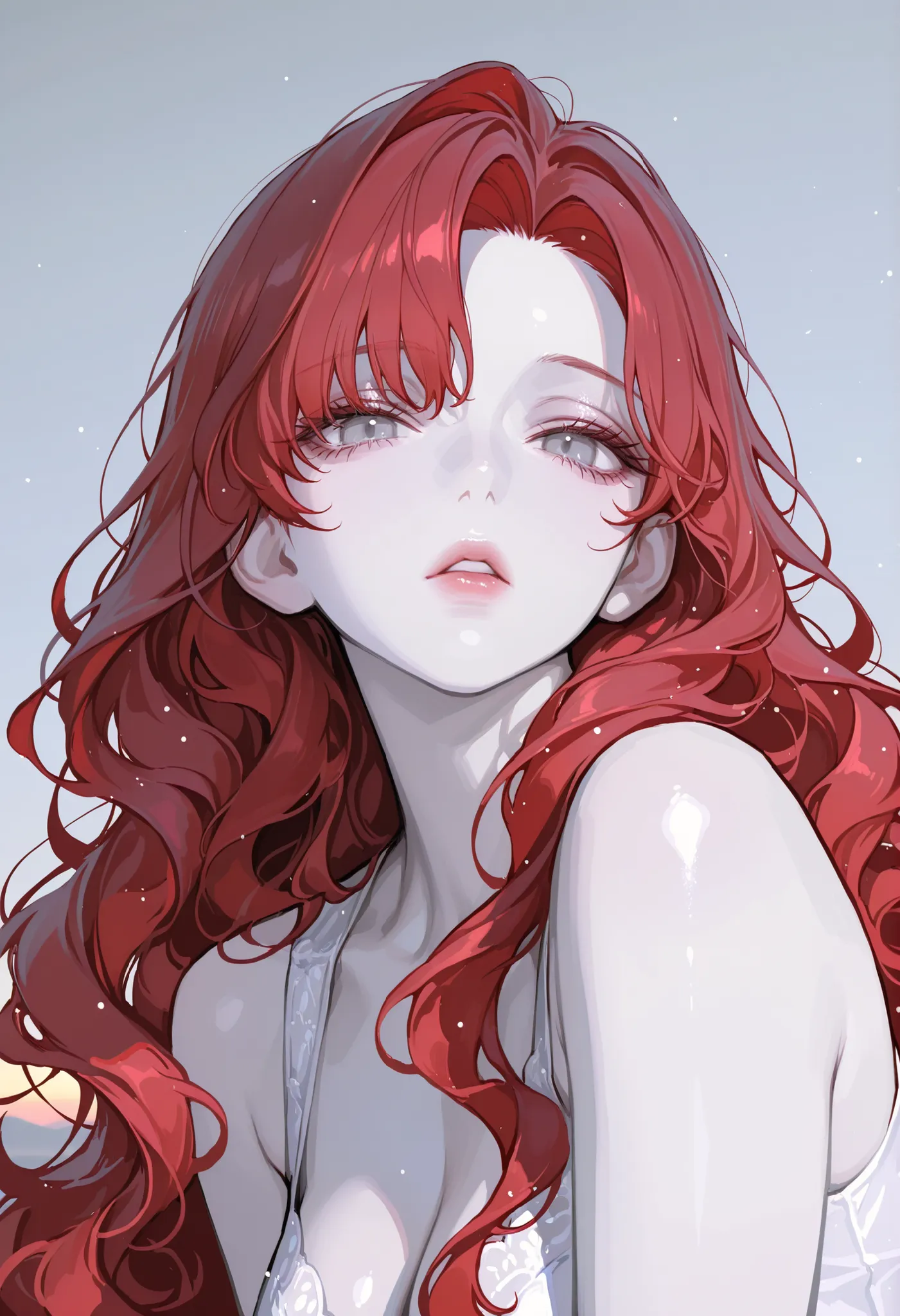 1girl, wavy hair, long hair, red hair, curtained Bangs, milky skin, pale gray eyes, beautiful lips, delicate, white sleeveless, sharp and cold eyes, cute, detailed face, sunshine, 8K, high quality, ,sexy, mature