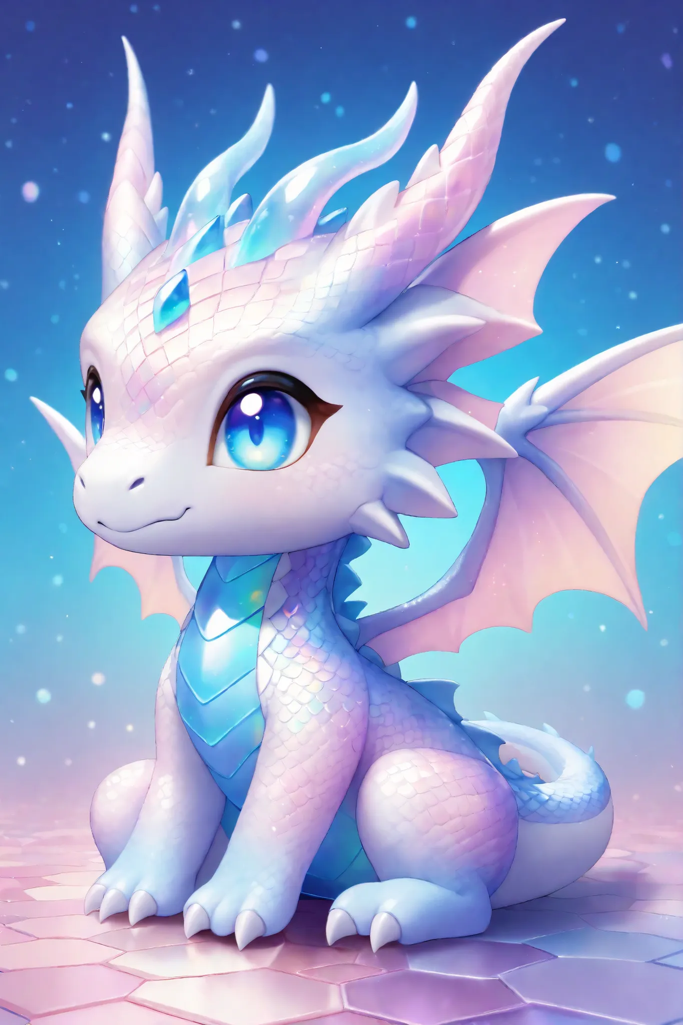 A pastel-colored, iridescent, chibi dragon with large, expressive, blue eyes, sitting, showcasing a detailed, textured, scaled design with subtle highlights and soft, dreamy lighting. The wings and body have a pearly, opal sheen with subtle purples, pin...