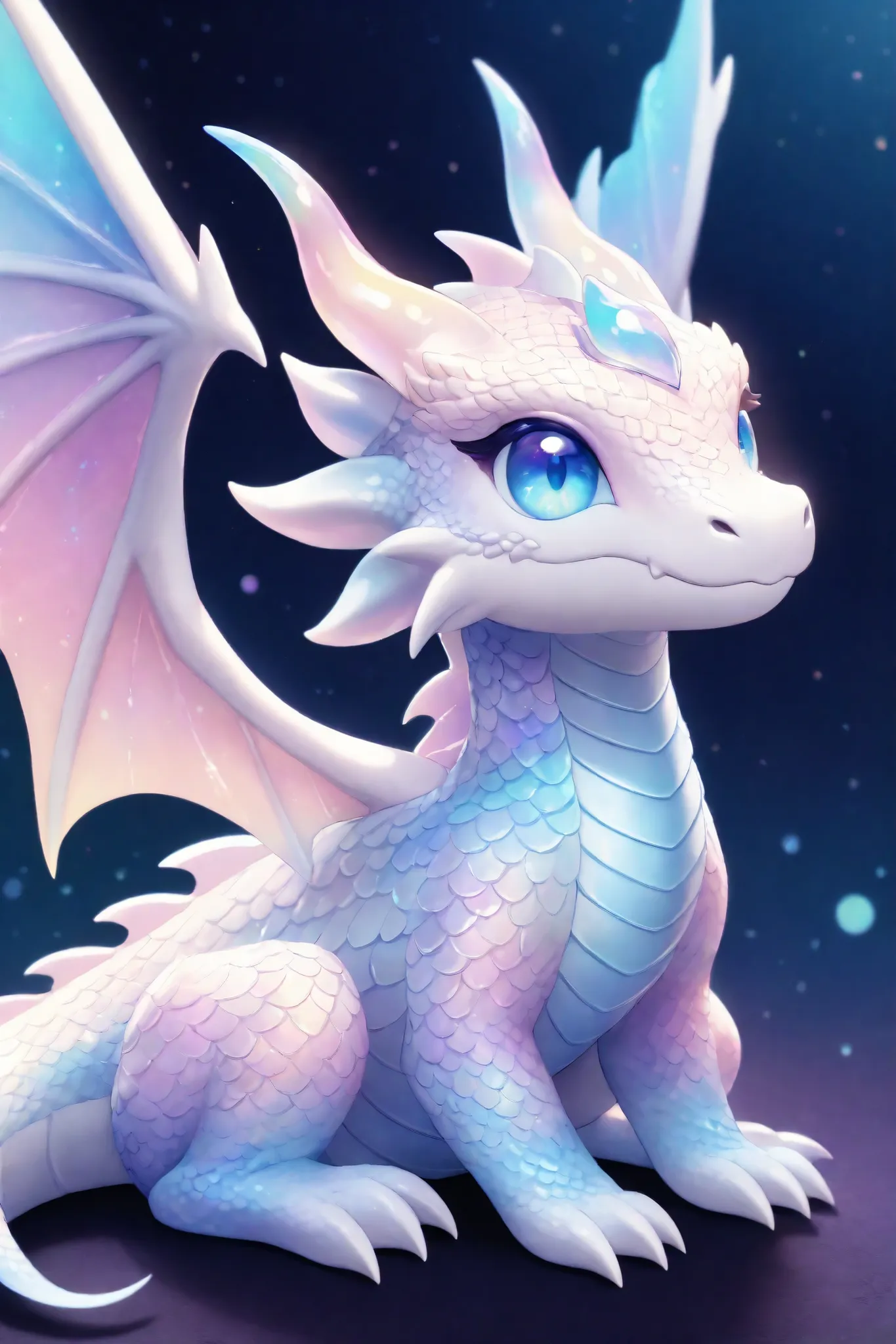 A pastel-colored, iridescent, chibi dragon with large, expressive, blue eyes, sitting, showcasing a detailed, textured, scaled design with subtle highlights and soft, dreamy lighting. The wings and body have a pearly, opal sheen with subtle purples, pin...