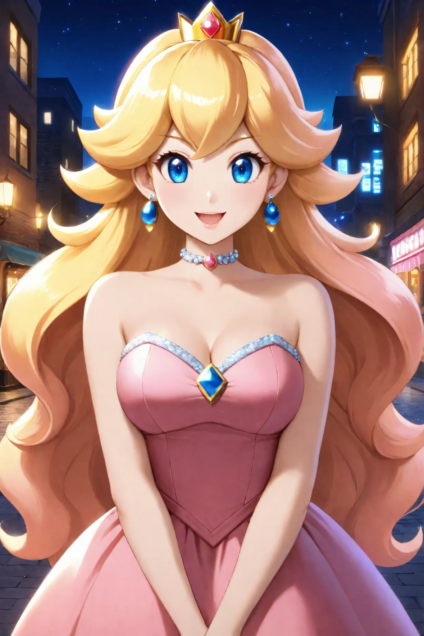 ,princess peach,1girl,solo,jewelry,earrings,long hair,breasts,very long hair,big hair,choker,dress,medium breasts,bare shoulders,:d,outdoors,smile,open mouth,shiny,shiny skin,city,voluminous hair,intricate hair,night,v arms,head tilt,face focus,