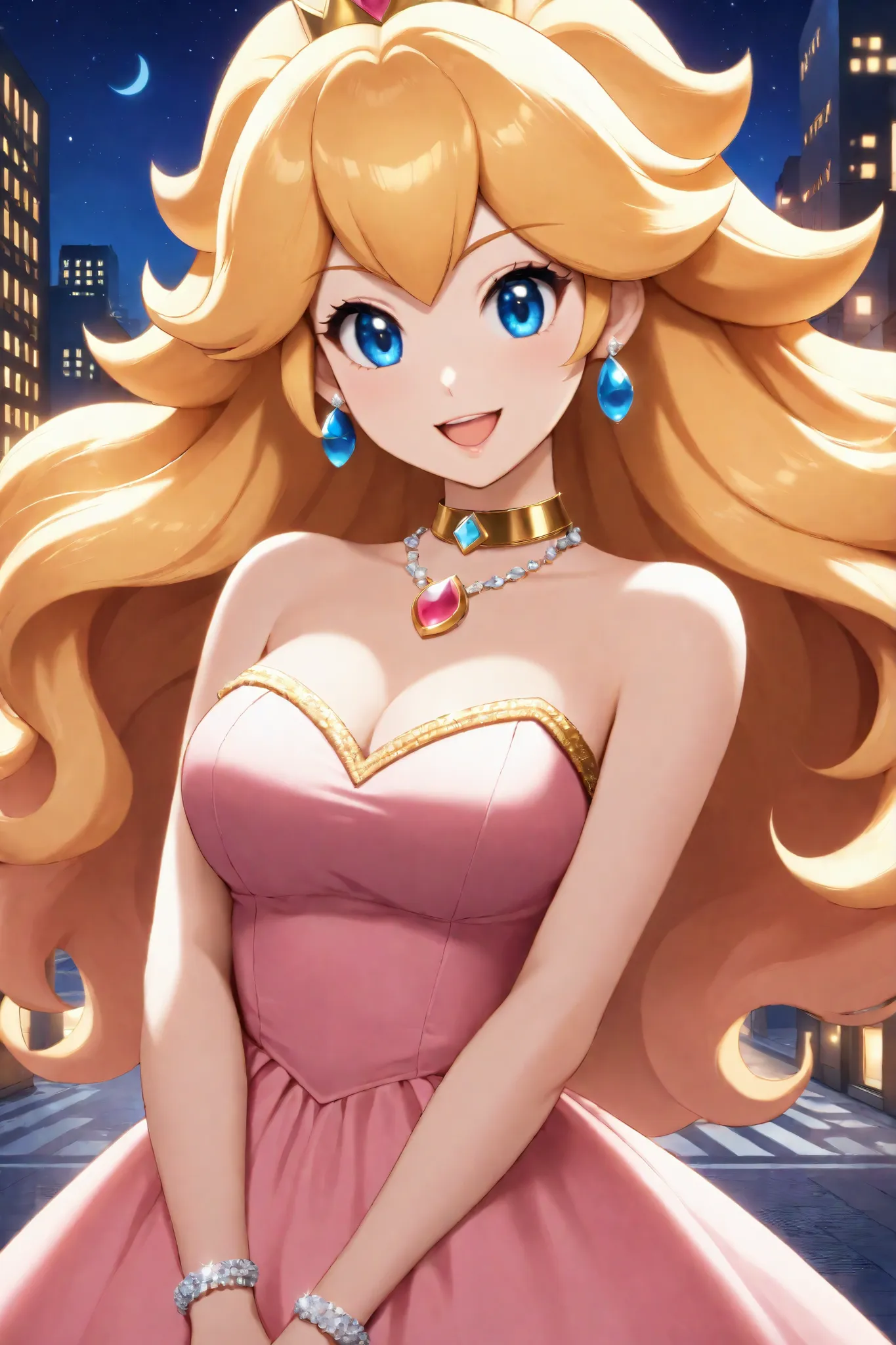 ,princess peach,1girl,solo,jewelry,earrings,long hair,breasts,very long hair,big hair,choker,dress,medium breasts,bare shoulders,:d,outdoors,smile,open mouth,shiny,shiny skin,city,voluminous hair,intricate hair,night,v arms,head tilt,face focus,