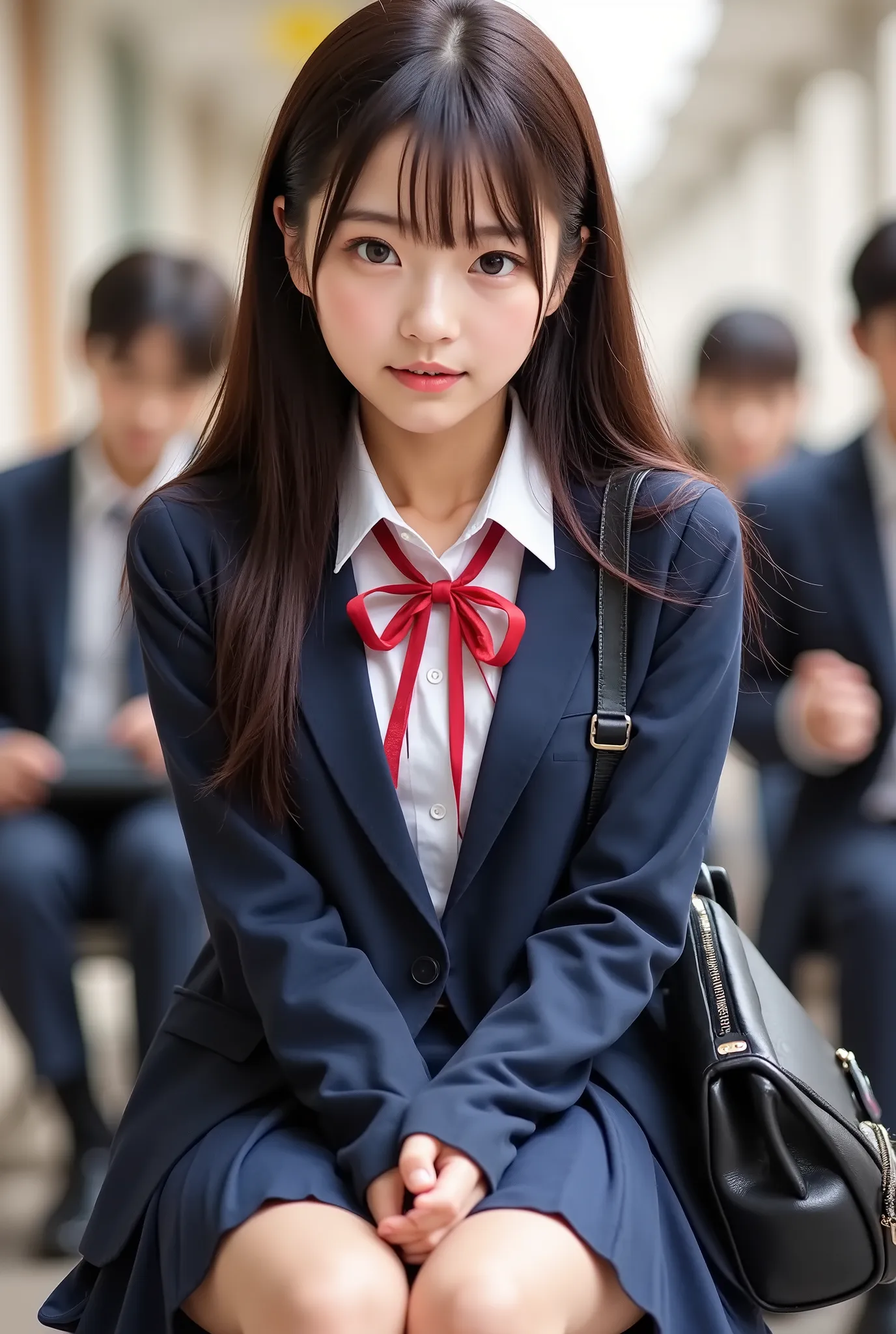 (((Macro))), close up shot : 1.8, (((from above:1.8))), looking at viewer, looking up, 1girl, blushing, smile, high resolution, 4K, solo, beautiful Japanese high school girl, detailed eyes, detailed cute face, puffy cheek, look for another side, sweat, nav...