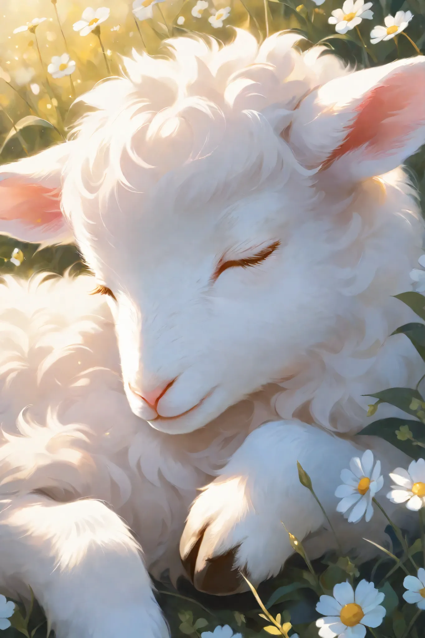 Close-up of a sleeping lamb, fluffy white fur, soft pink ears, closed eyes, adorable expression, surrounded by white wildflowers, soft golden light, painterly style, intricate details,