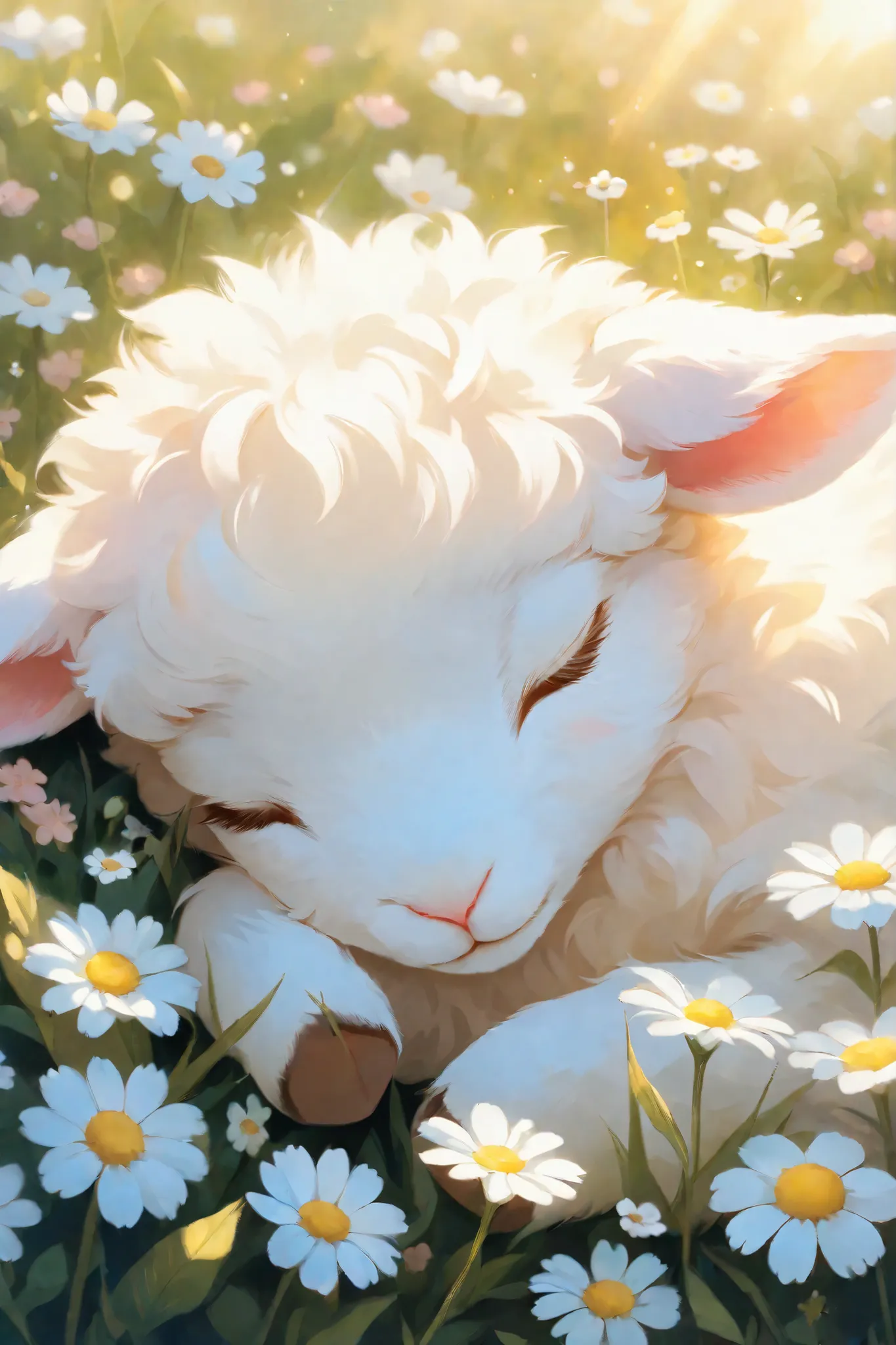 Close-up of a sleeping lamb, fluffy white fur, soft pink ears, closed eyes, adorable expression, surrounded by white wildflowers, soft golden light, painterly style, intricate details,