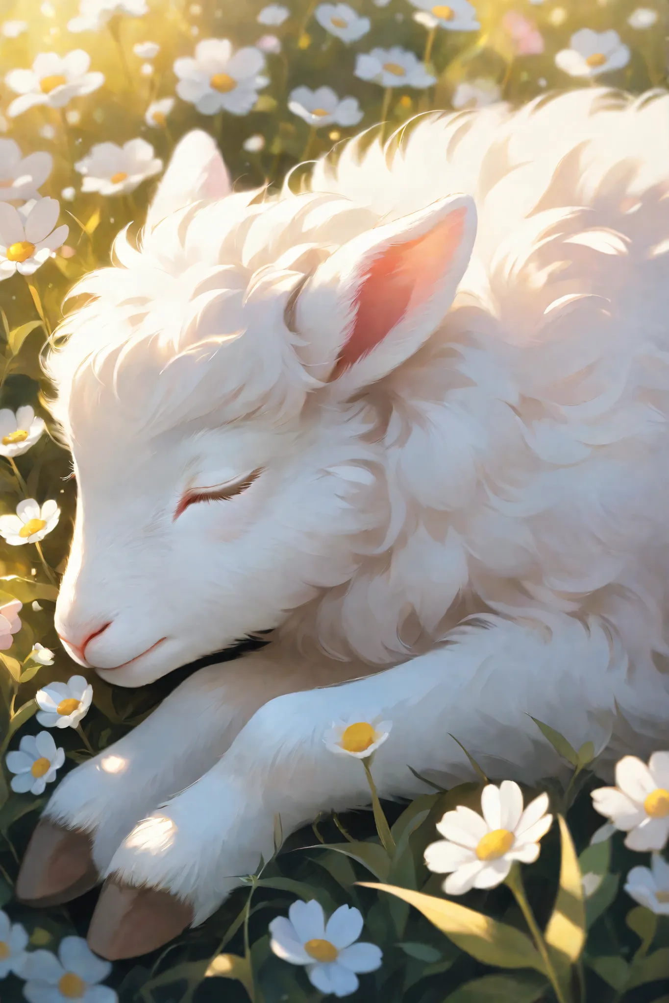Close-up of a sleeping lamb, fluffy white fur, soft pink ears, closed eyes, adorable expression, surrounded by white wildflowers, soft golden light, painterly style, intricate details,