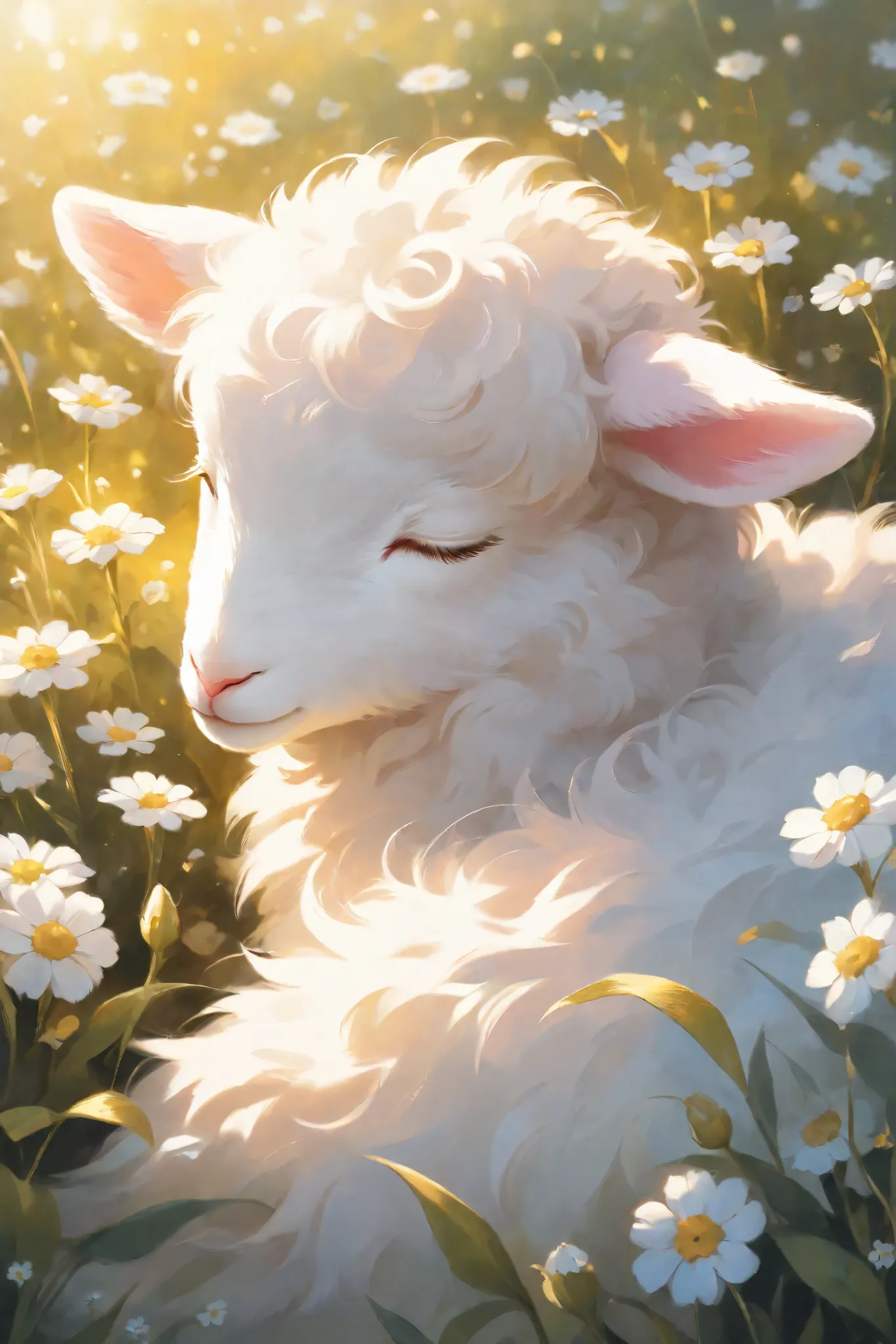 Close-up of a sleeping lamb, fluffy white fur, soft pink ears, closed eyes, adorable expression, surrounded by white wildflowers, soft golden light, painterly style, intricate details,