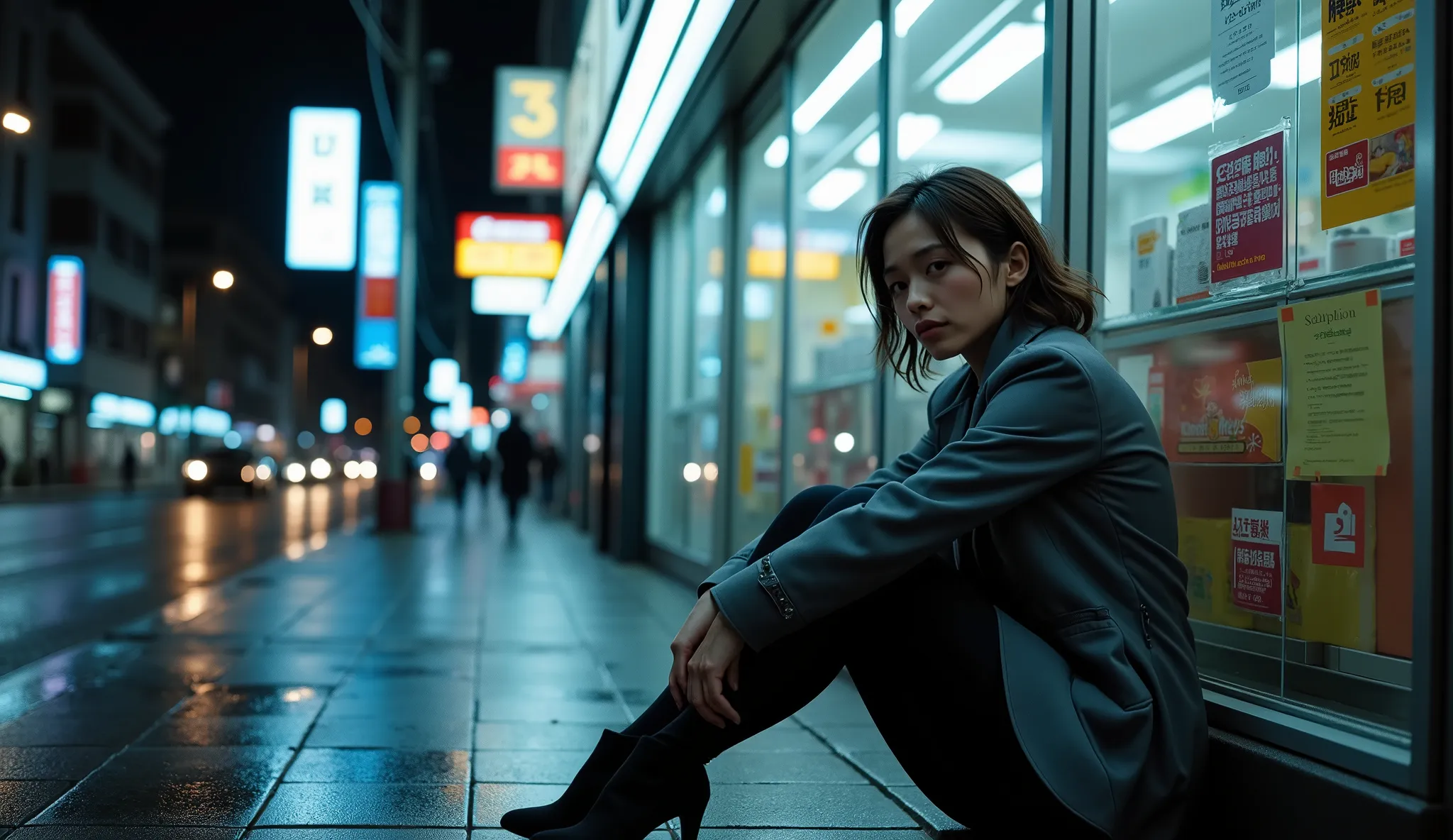 One-point perspective view of a nighttime city street centered on a brightly lit convenience store. A tired modern Chinese woman in her 30s sits in the foreground, leaning against the side of the store near the entrance, knees drawn up, arms hugging her le...