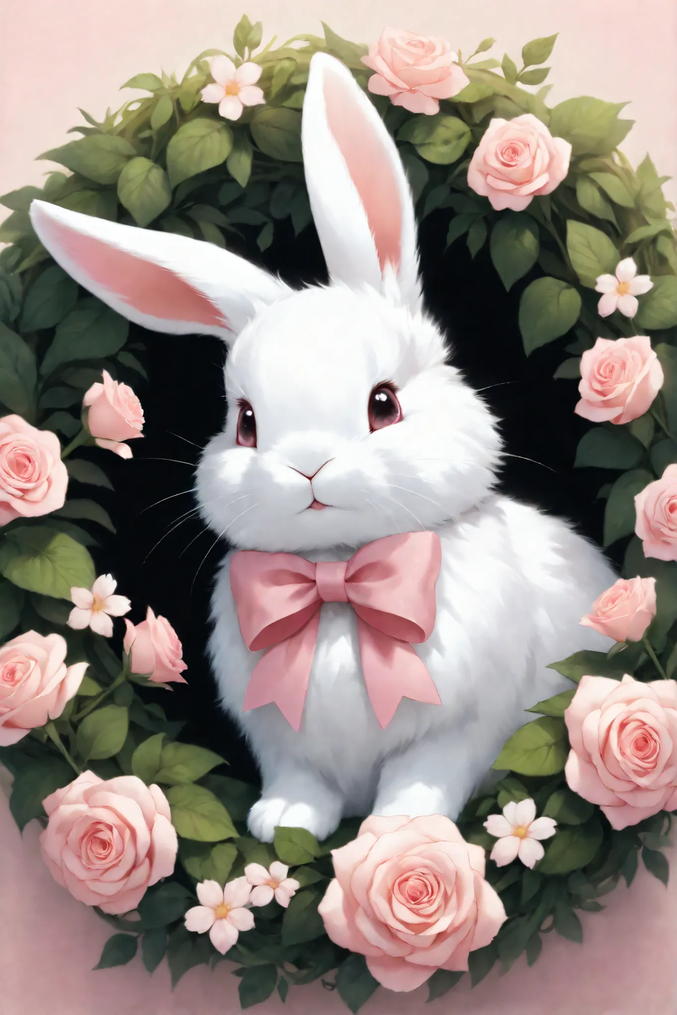 Cute, fluffy white rabbit with a pink bow, nestled within a wreath of delicate pink roses and small, light pink flowers; soft, pastel pink and white color palette; realistic fur texture on rabbit and flowers; detailed, cartoon-style paws; cheerful express...