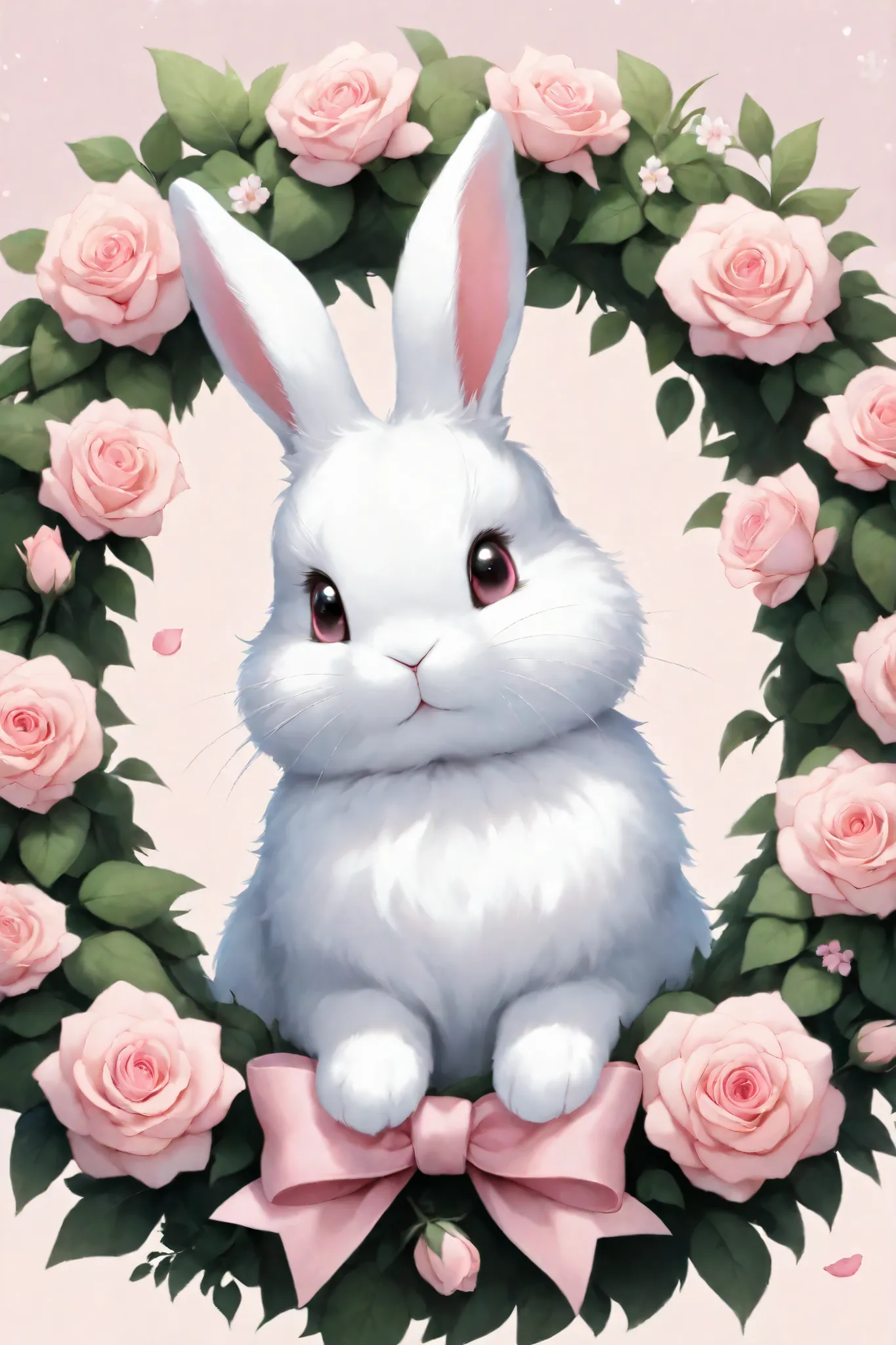 Cute, fluffy white rabbit with a pink bow, nestled within a wreath of delicate pink roses and small, light pink flowers; soft, pastel pink and white color palette; realistic fur texture on rabbit and flowers; detailed, cartoon-style paws; cheerful express...