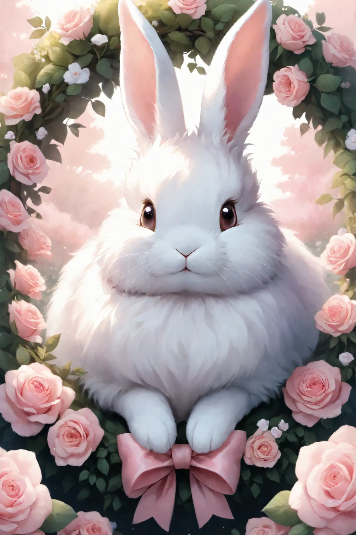 Cute, fluffy white rabbit with a pink bow, nestled within a wreath of delicate pink roses and small, light pink flowers; soft, pastel pink and white color palette; realistic fur texture on rabbit and flowers; detailed, cartoon-style paws; cheerful express...
