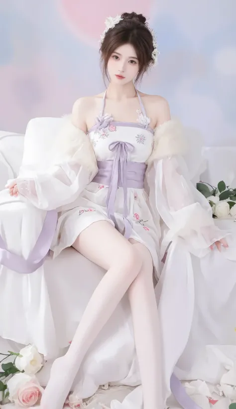 robe, 1 girl, [[bow, eyes, flower, ribbon, White Rose, Chest, 白色 Chinese clothing , Chinese clothing , skirt, flower, Gradient , Gradient background, embroidered ball flower, Watch the audience, small Chest, white pantyhose, White Rose, Sing...