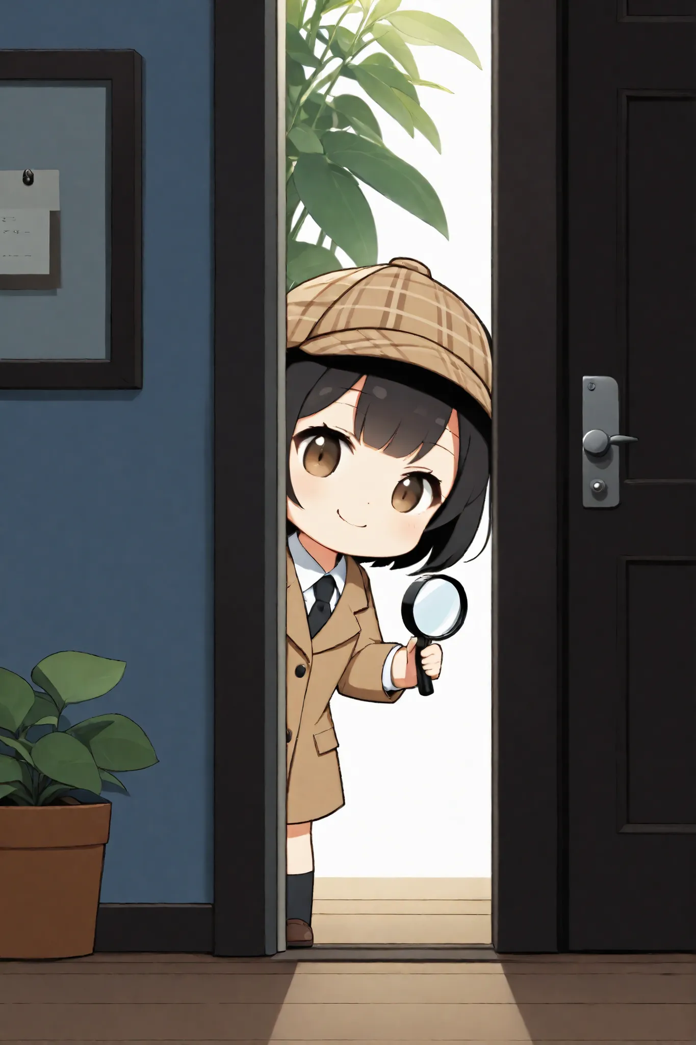 1girl, pretty and cute, (chibi), detective, deerstalker, with magnifying glass, peeking out, doorway, indoor, plant, with cat, jitome, masterpiece, simple, comical, smile :3