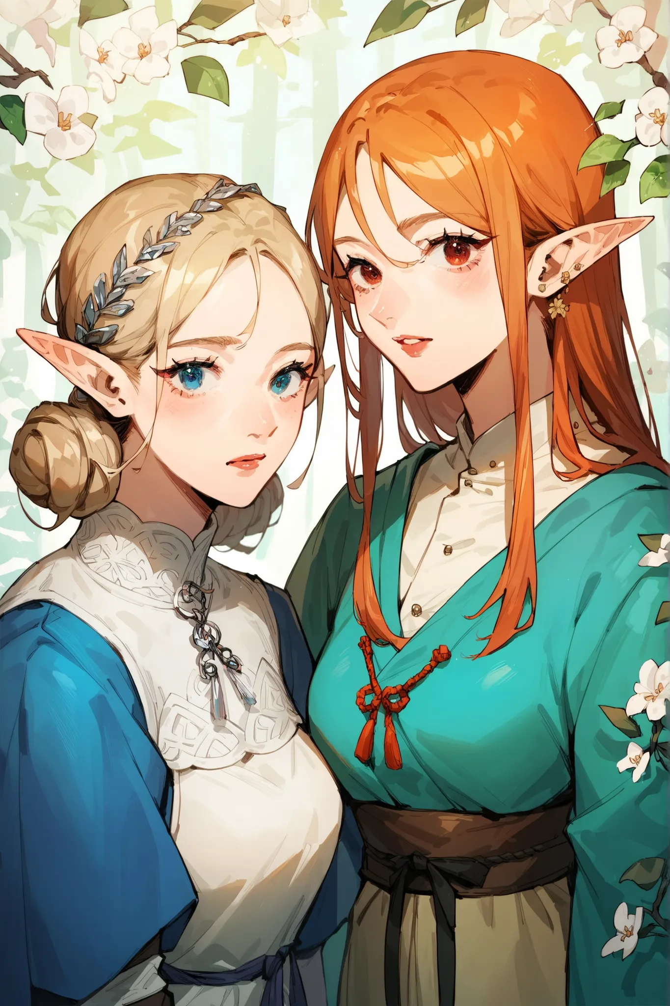 source_anime, score_9, score_8_up, score_7_up, score_6_up,Japanese art style, 2girl, ((one is tall and one is short)), elf, looking at viewer, multicolor, sister, medieval Europe theme, the left is soft and delicate magician, the right is strong willed arc...