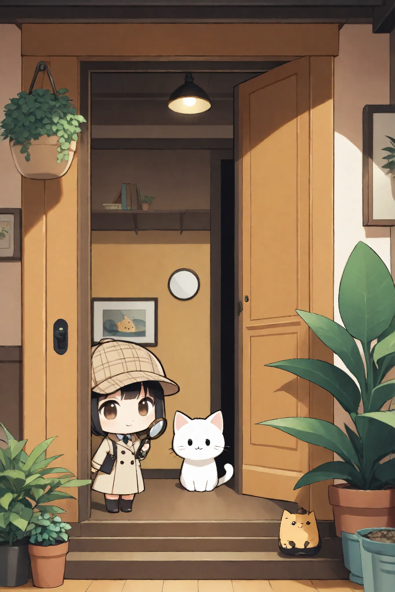 1girl, pretty and cute, (chibi), detective, deerstalker, with magnifying glass, peeking out, doorway, indoor, plant, with cat, jitome, masterpiece, simple, comical, smile :3