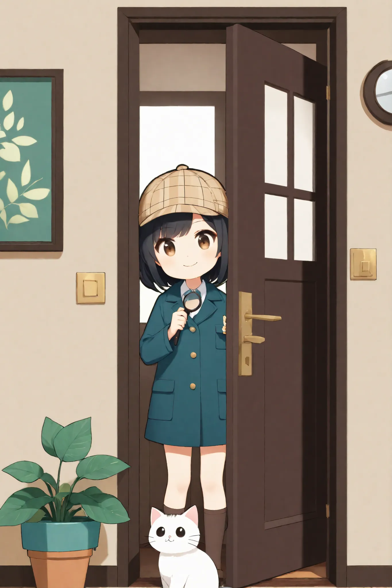 1girl, pretty and cute, (chibi), detective, deerstalker, with magnifying glass, peeking out, doorway, indoor, plant, with cat, jitome, masterpiece, simple, comical, smile :3