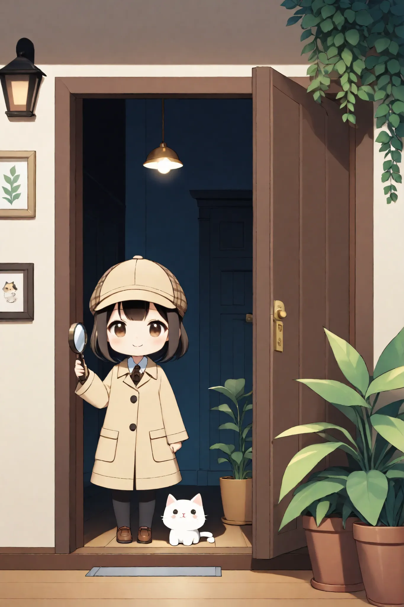 1girl, pretty and cute, (chibi), detective, deerstalker, with magnifying glass, peeking out, doorway, indoor, plant, with cat, jitome, masterpiece, simple, comical, smile :3
