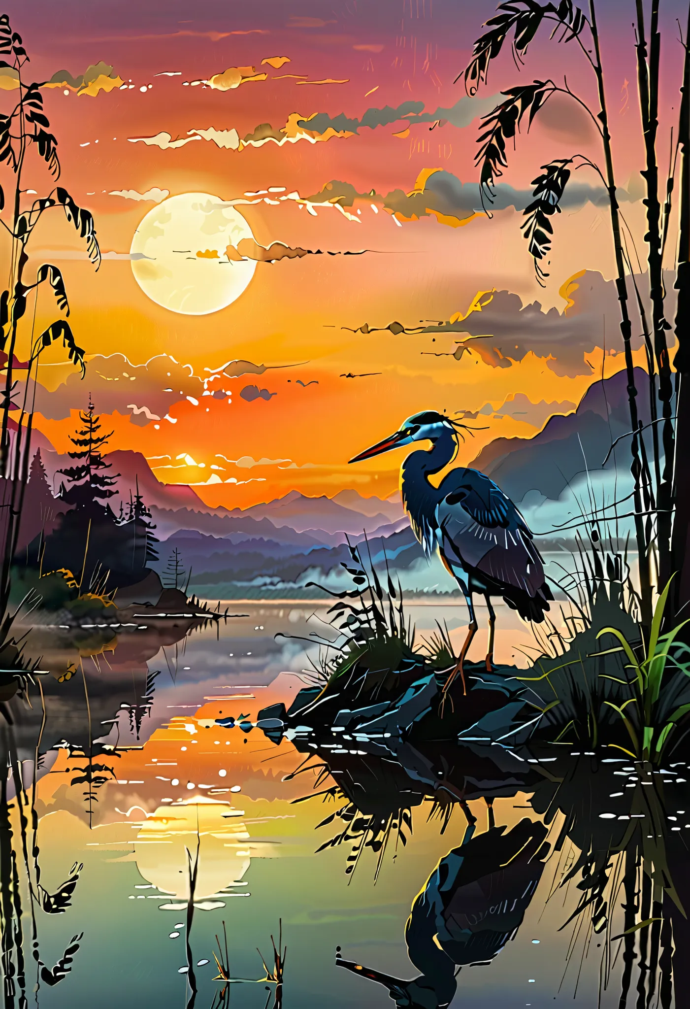 Sunset on the lake, Impressionism, bright and vibrant colors, reflections, golden reed reflections, Heron Silhouette, A dramatic contrast, misty atmosphere, Distant Hills, 19th Century Charm, sharp concentration in nude clothes, Gold Leaf, Light Emitting D...
